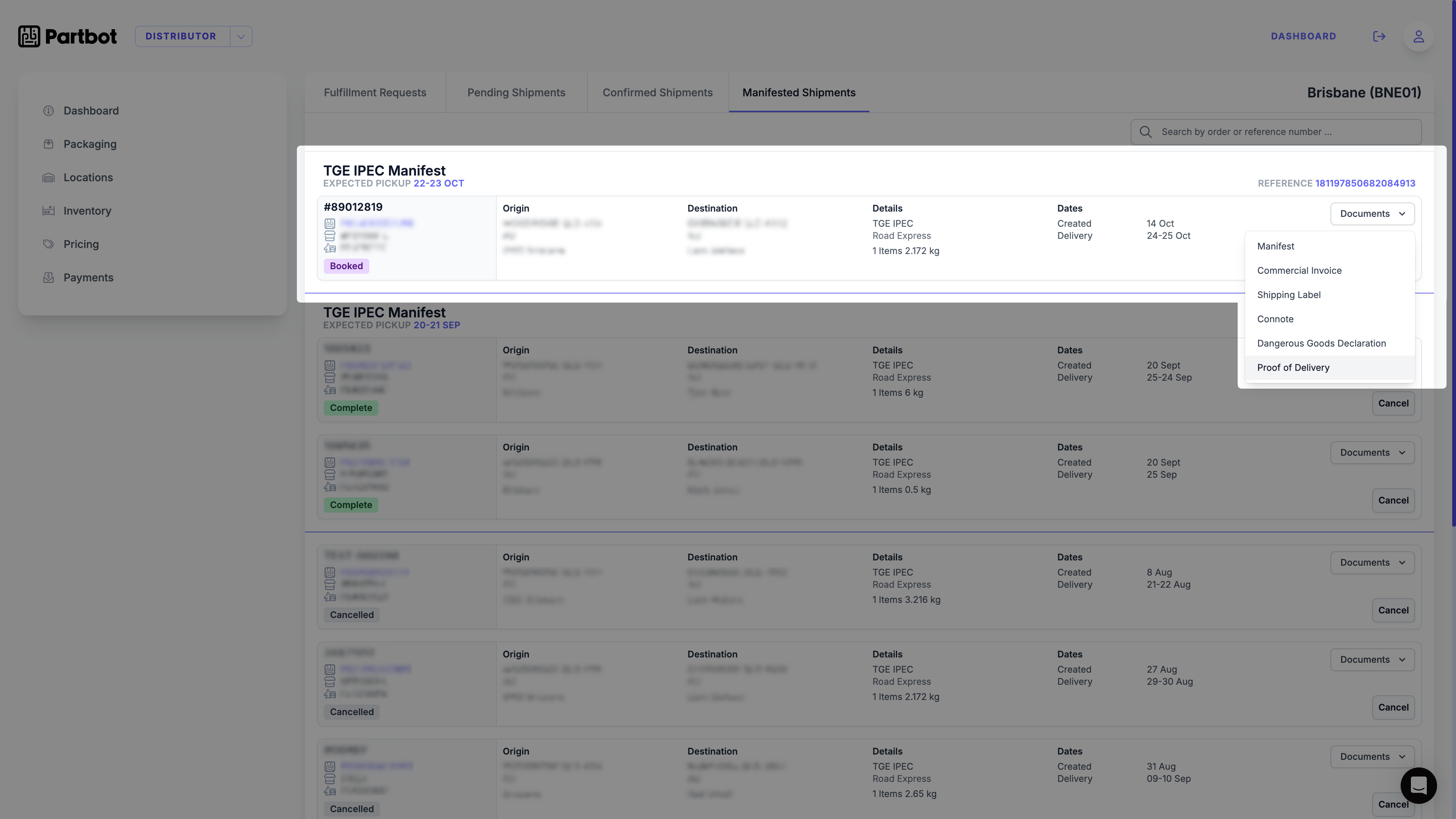 Manifested Shipments Screen