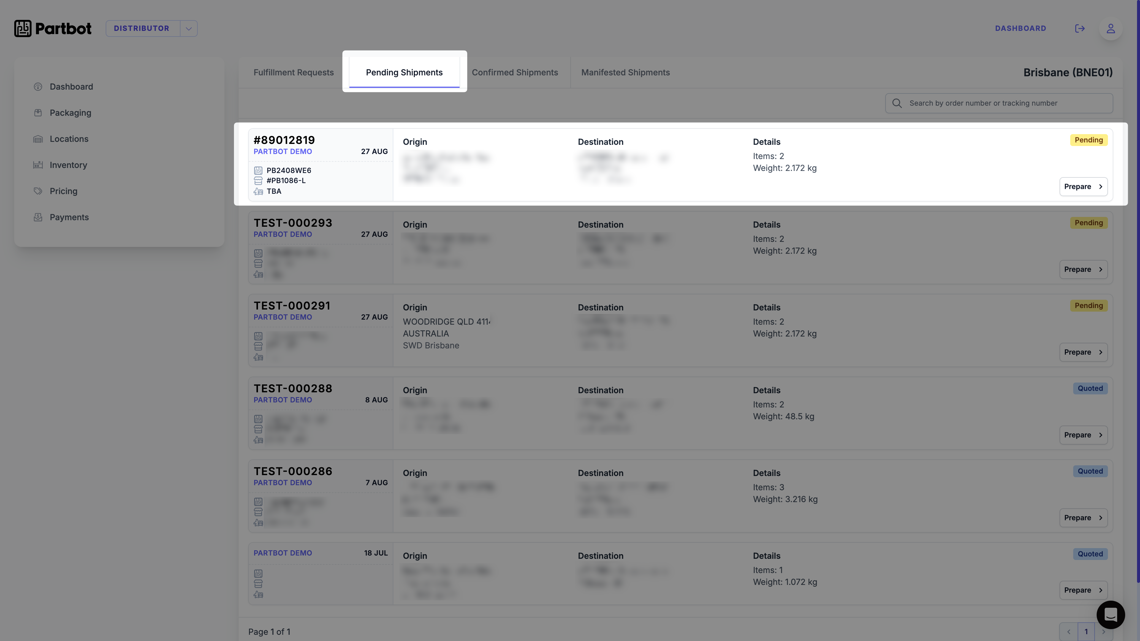 Pending Shipments Screen