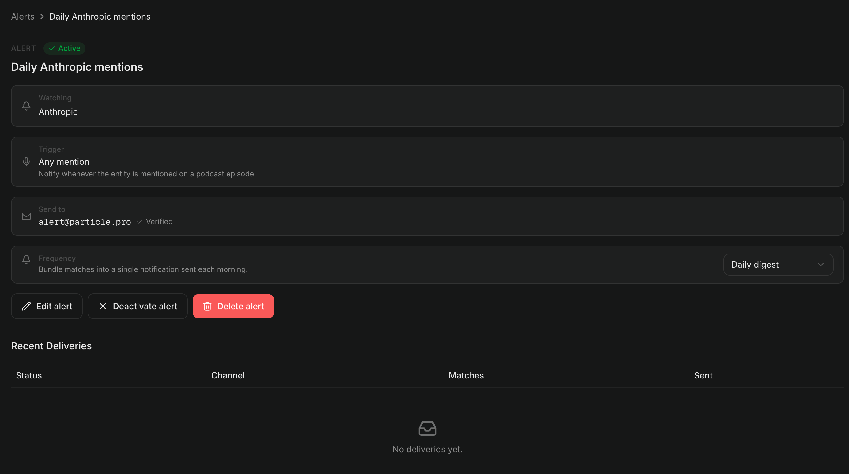 Alert detail page showing the watched entity, trigger, recipient, frequency, and deliveries