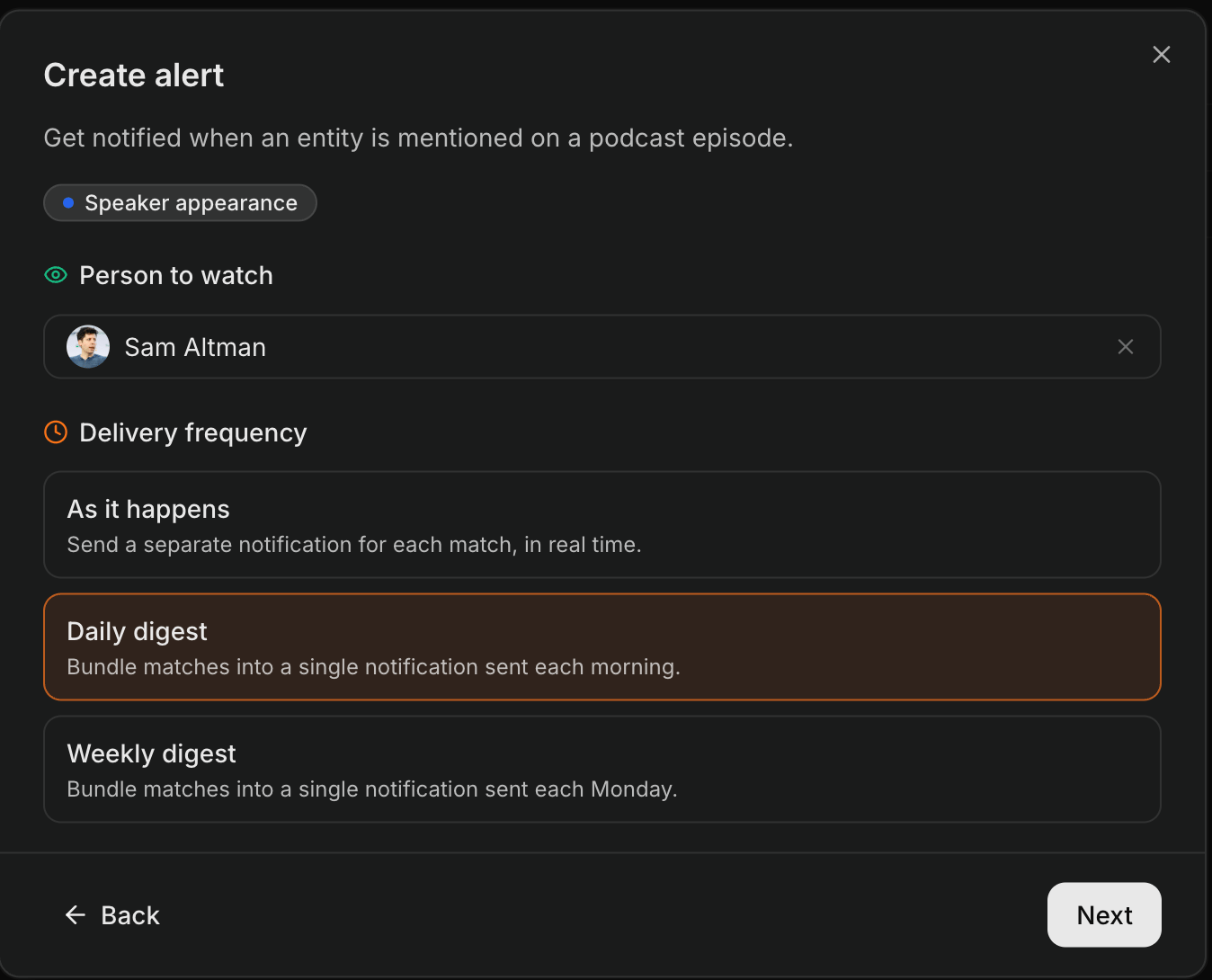 Create alert form watching Sam Altman with Daily digest selected