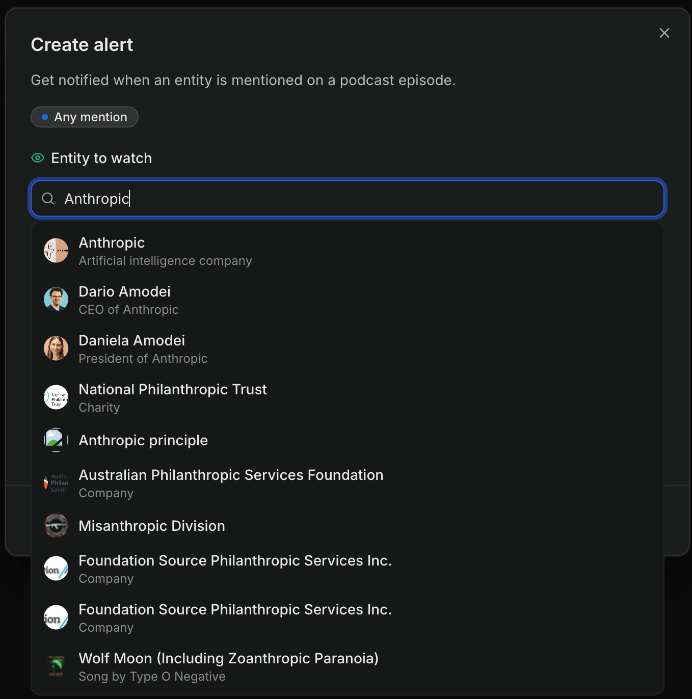 Entity search autocomplete showing companies, people, and concepts