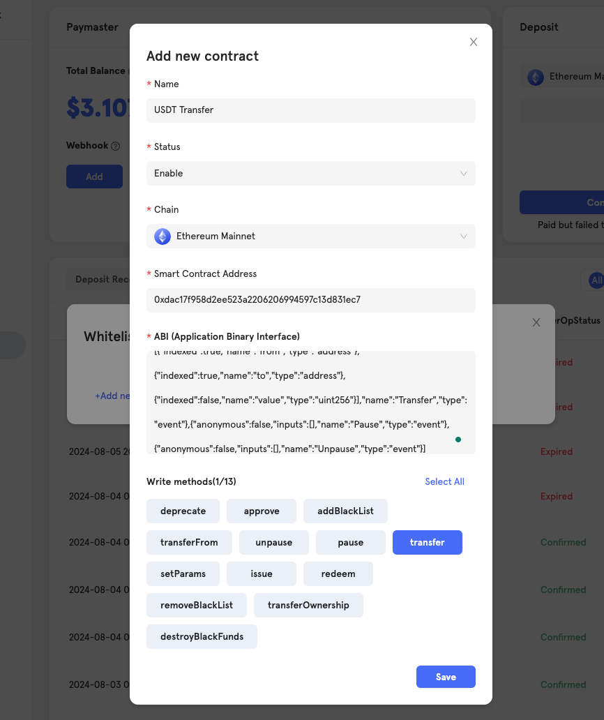 Whitelist Smart Contracts for Paymaster on Dashbaord