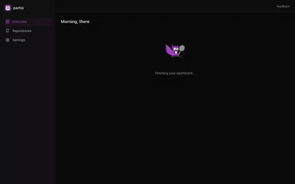 Dashboard overview showing stats, heatmap, and recent commits