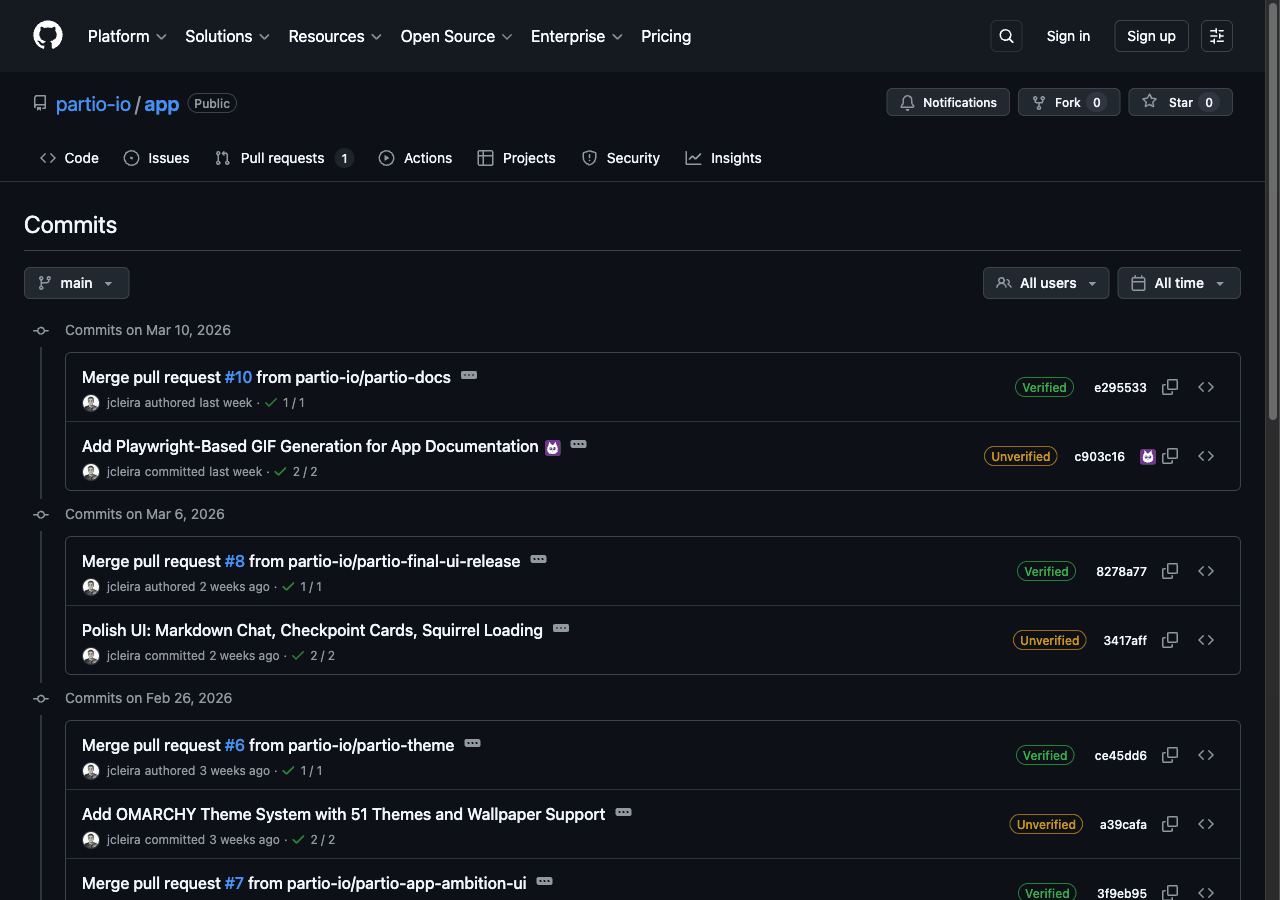 Purple Partio badges on a GitHub commit list