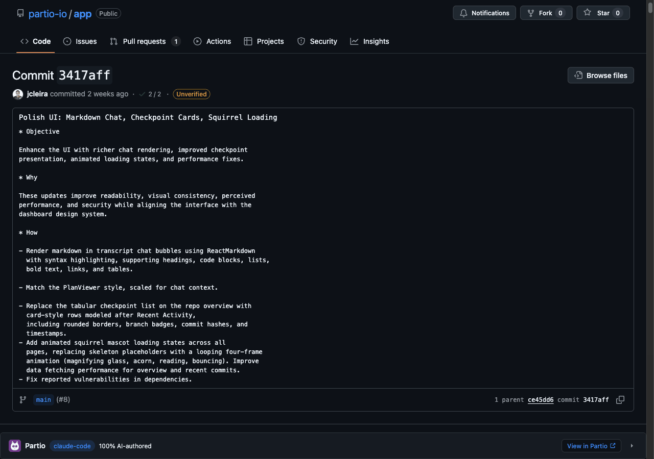 Checkpoint panel expanding on a GitHub commit page