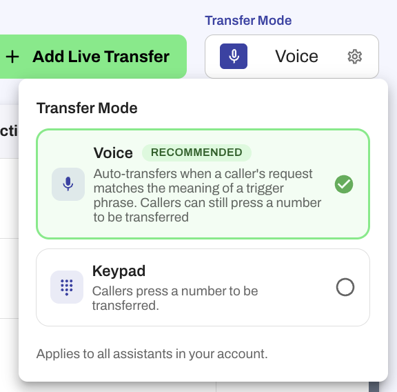 Transfer Mode selector showing Voice (Recommended) and Keypad options