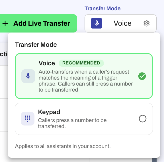 Transfer Mode selector showing Voice (Recommended) and Keypad options