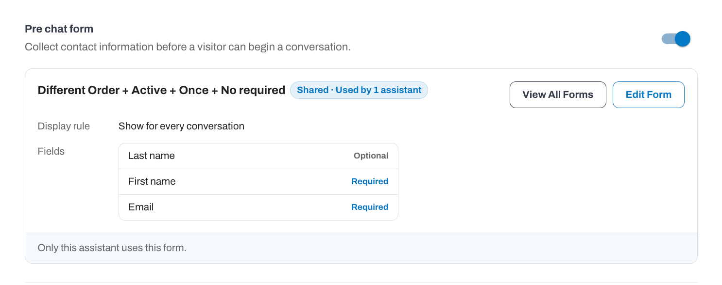 Pre chat form settings showing display rule and required or optional fields