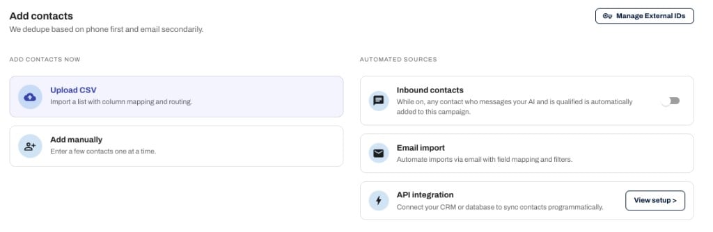 Add contacts panel showing Add contacts now and Automated sources sections
