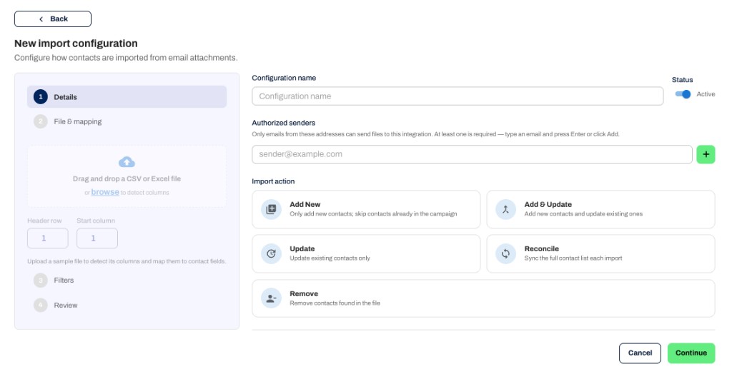 New Import Configuration screen showing all five import action options