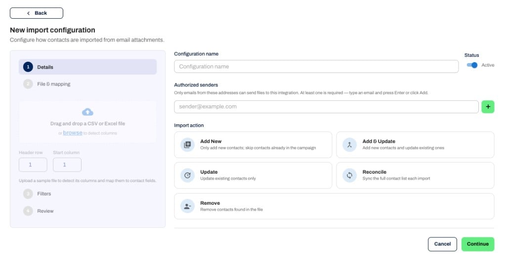 New Import Configuration screen showing all five import action options