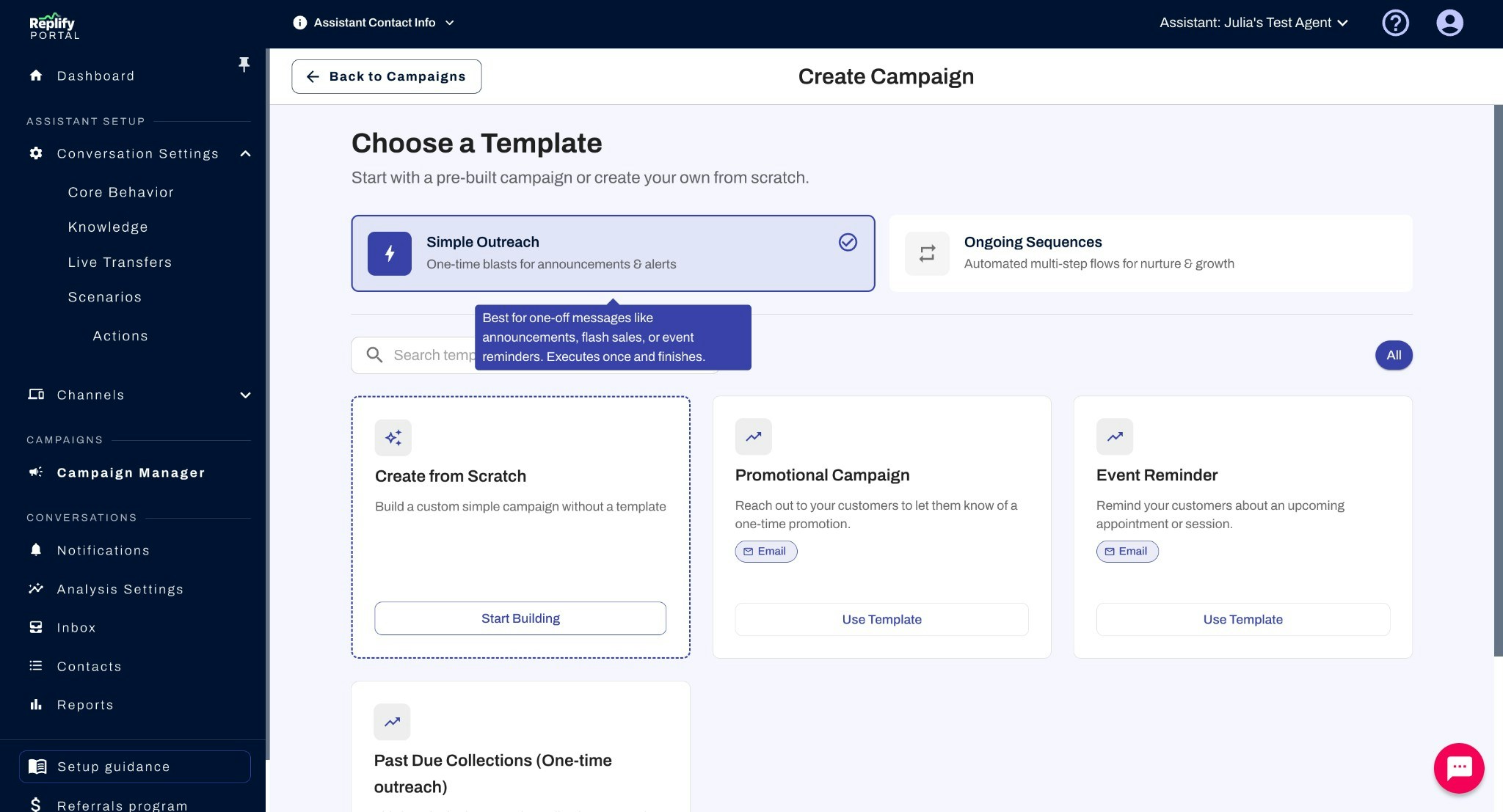 Campaign template selection screen showing Simple Outreach templates