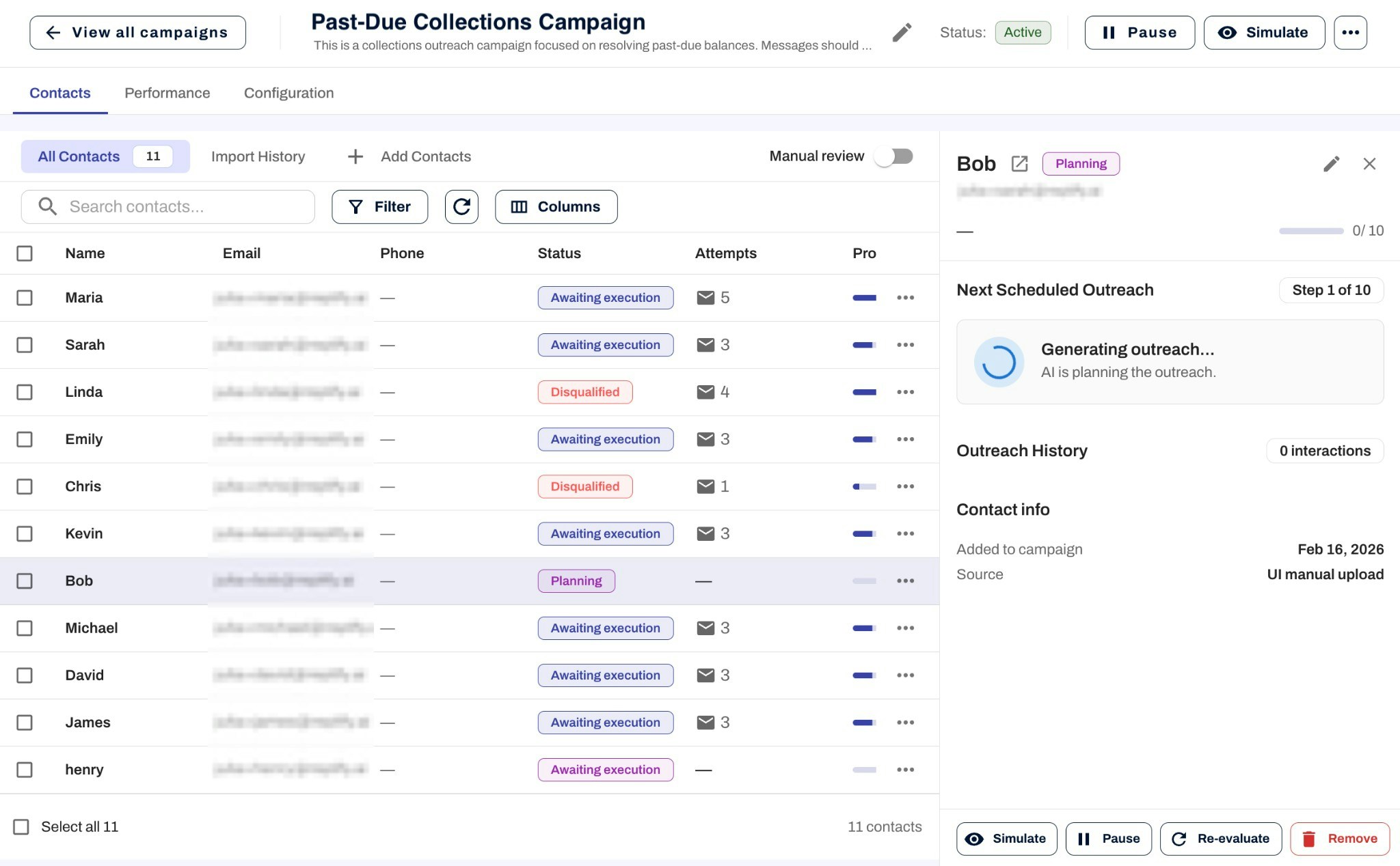 Campaign contacts management view