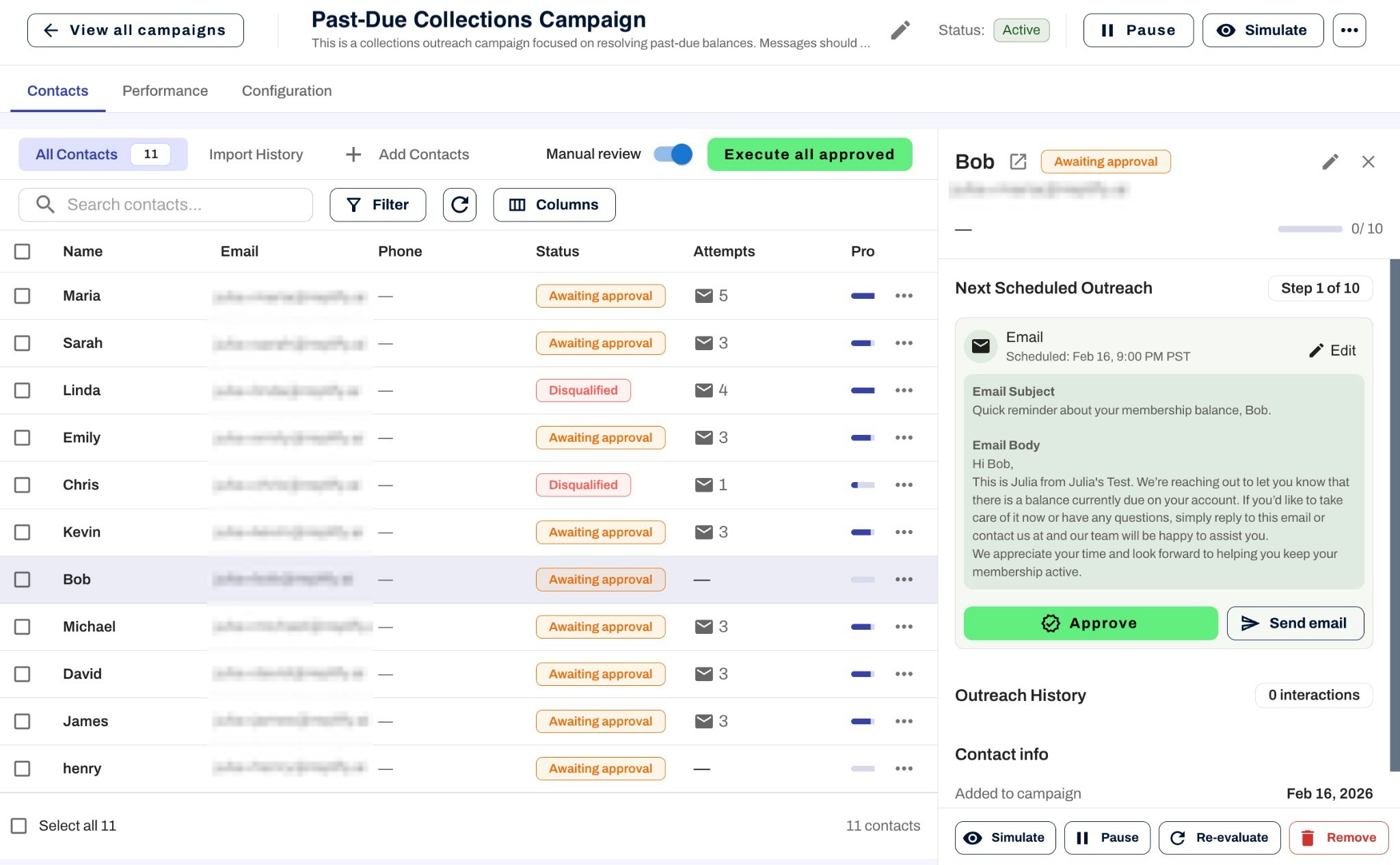 Campaign manual review mode