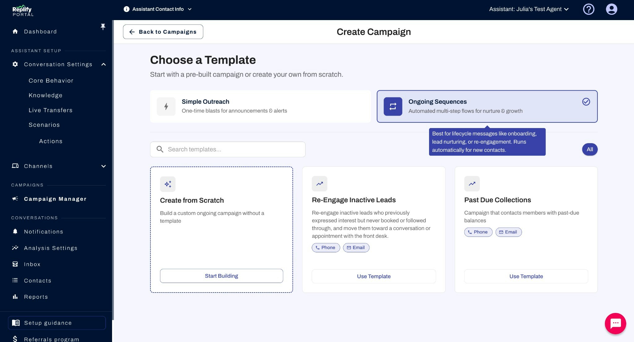 Campaign template selection screen showing Ongoing Sequence templates