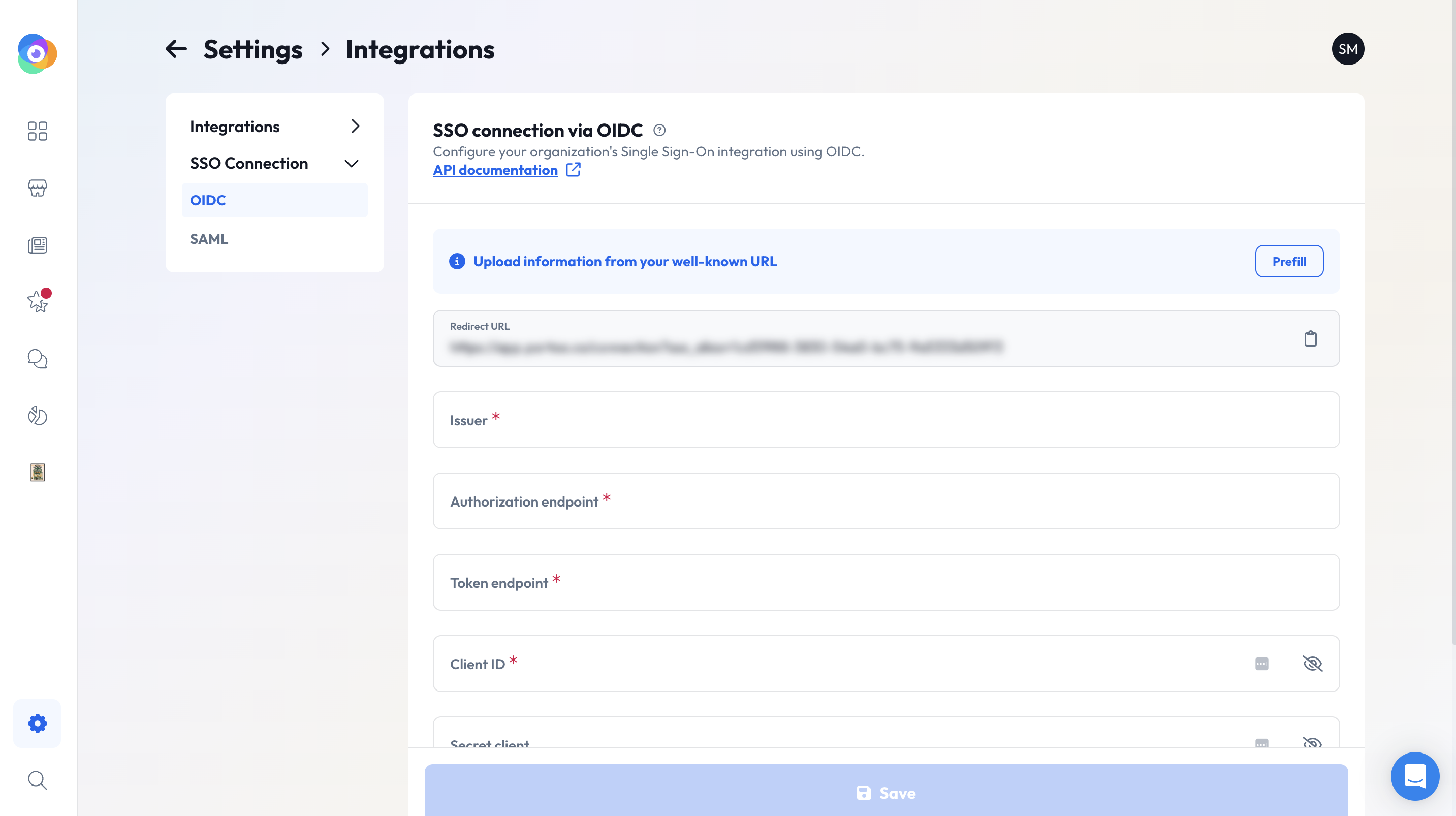 SSO configuration interface in the Partoo application