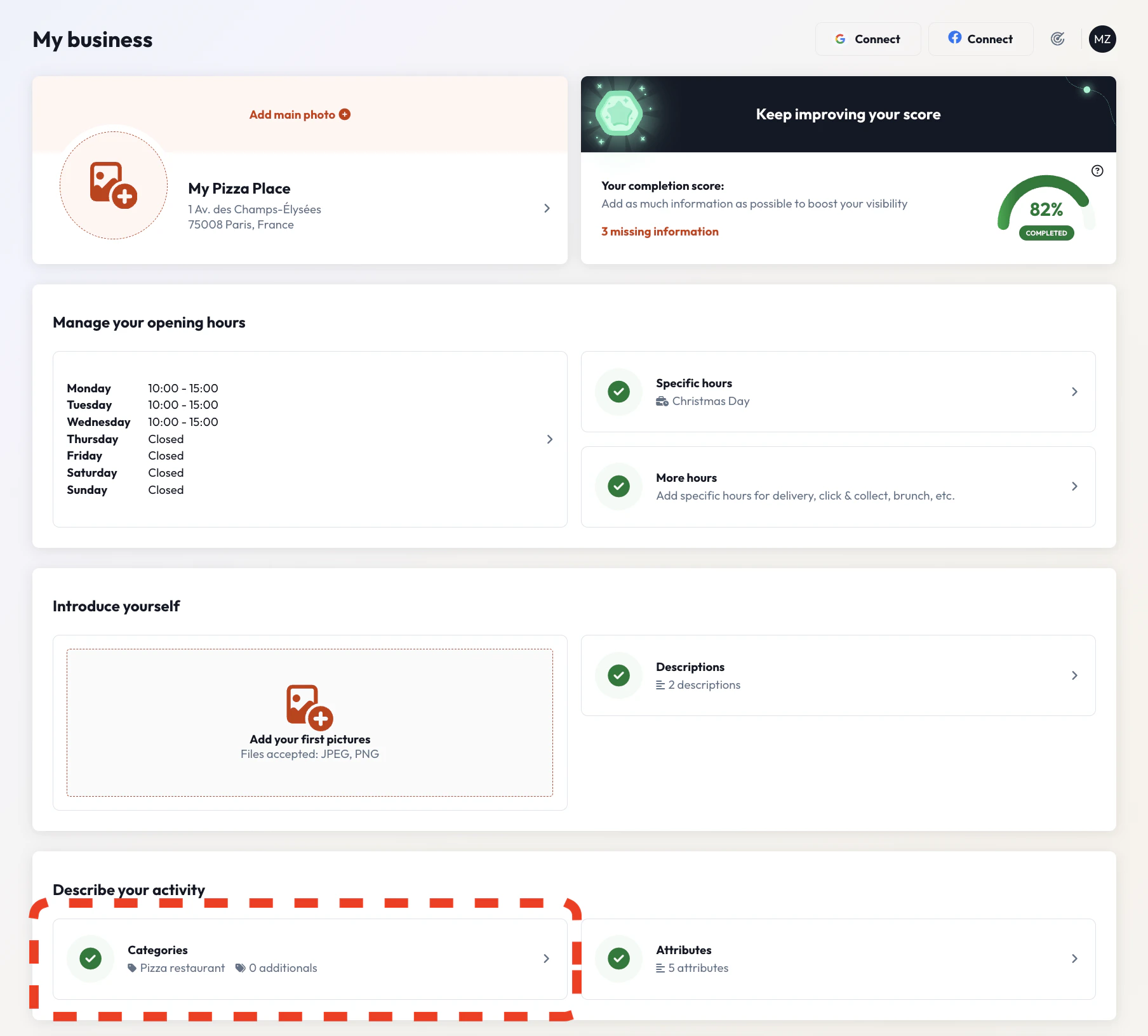 Business dashboard showing category section