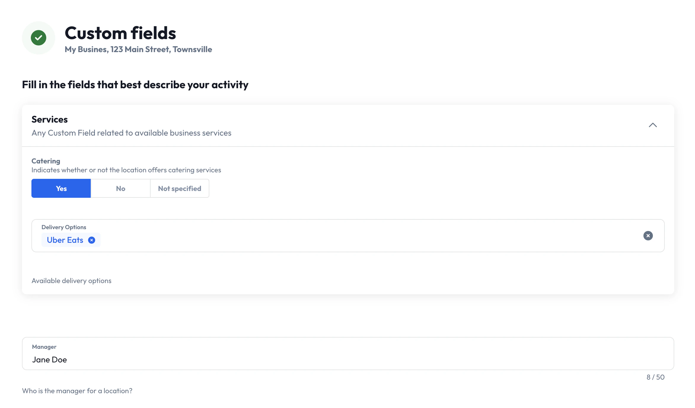 Business Edit page showing the Custom Fields section field values can be set.