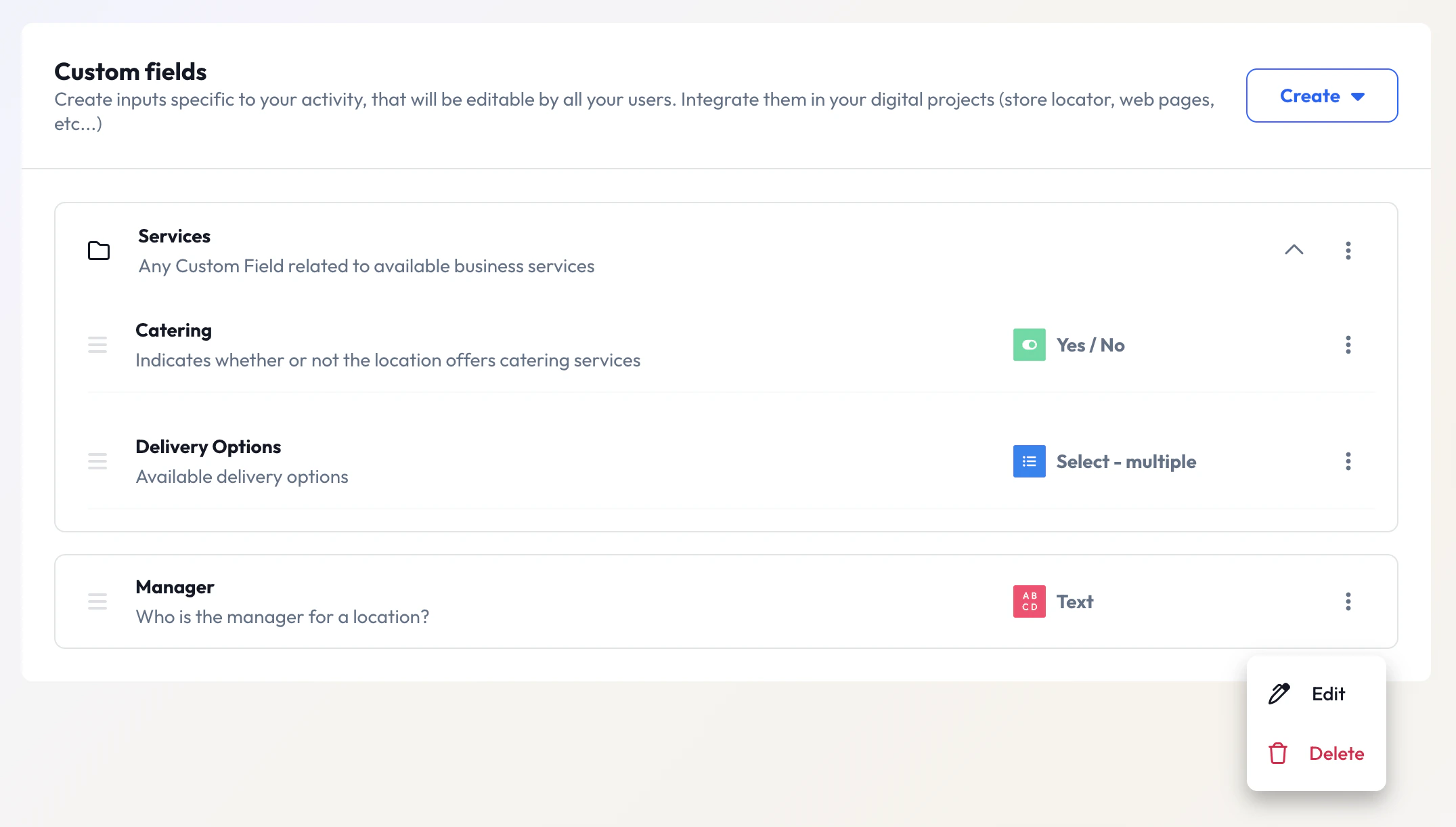 Custom field management options showing edit and delete actions