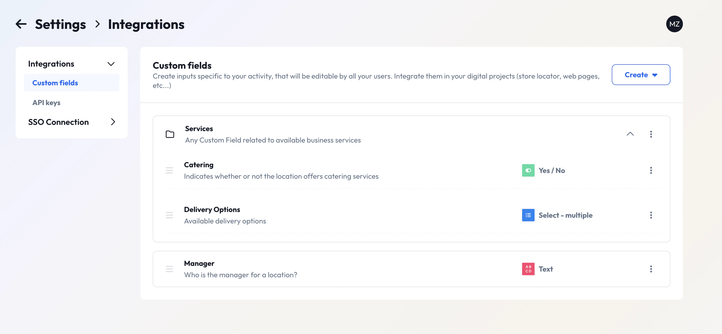 Custom Fields Page showing 3 existing custom fields organized using one section.