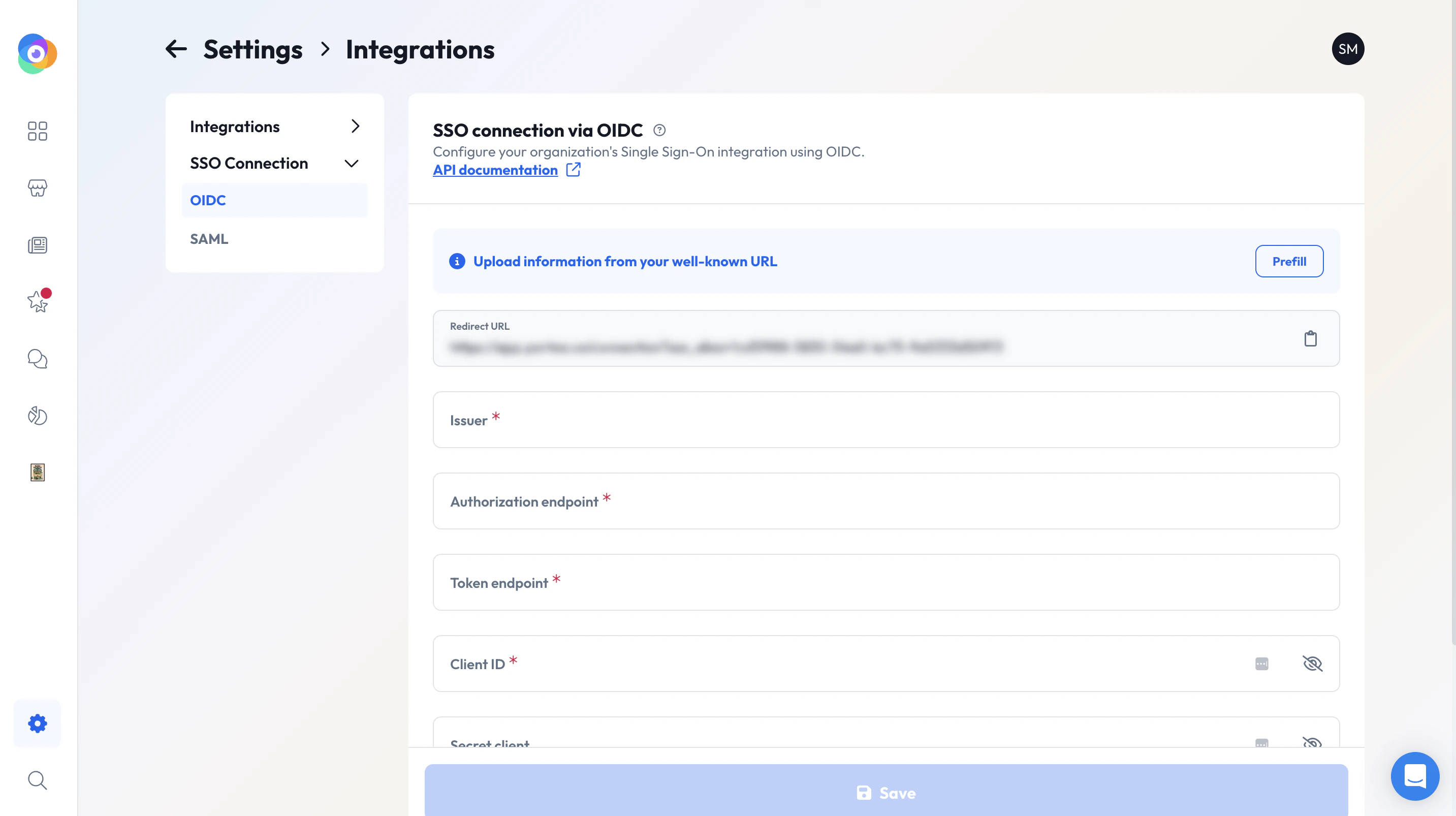 SSO configuration interface in the Partoo application