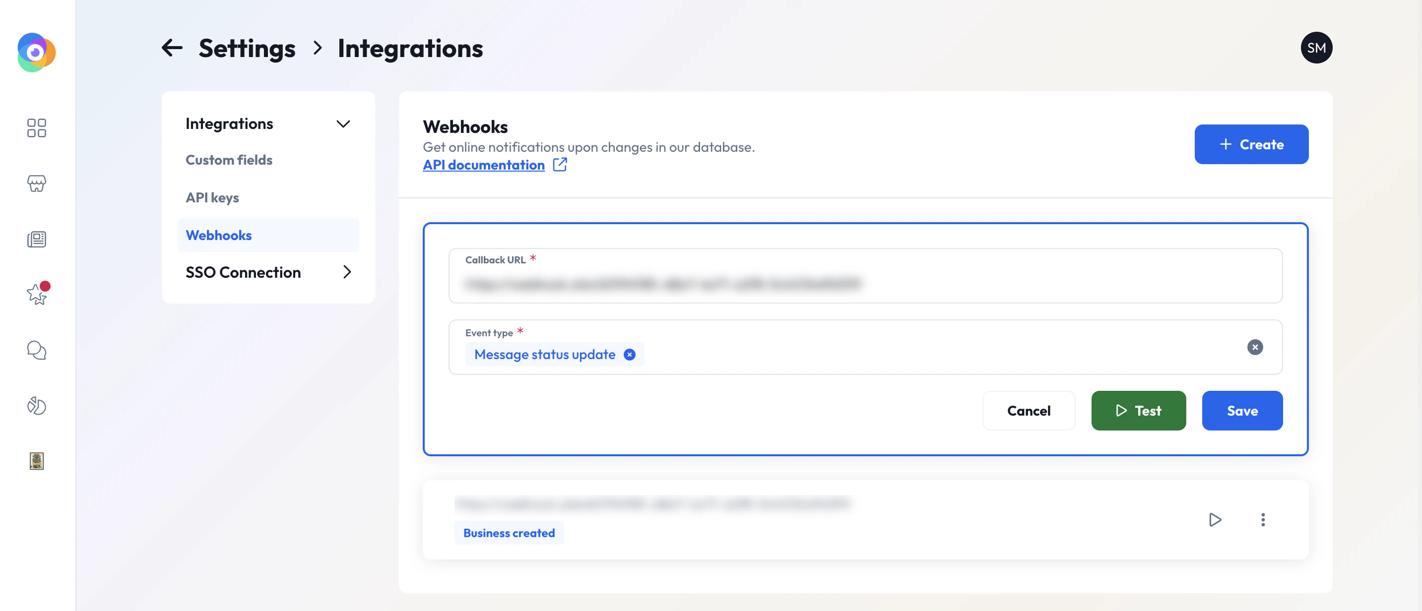 Webhook creation form with callback URL and event type