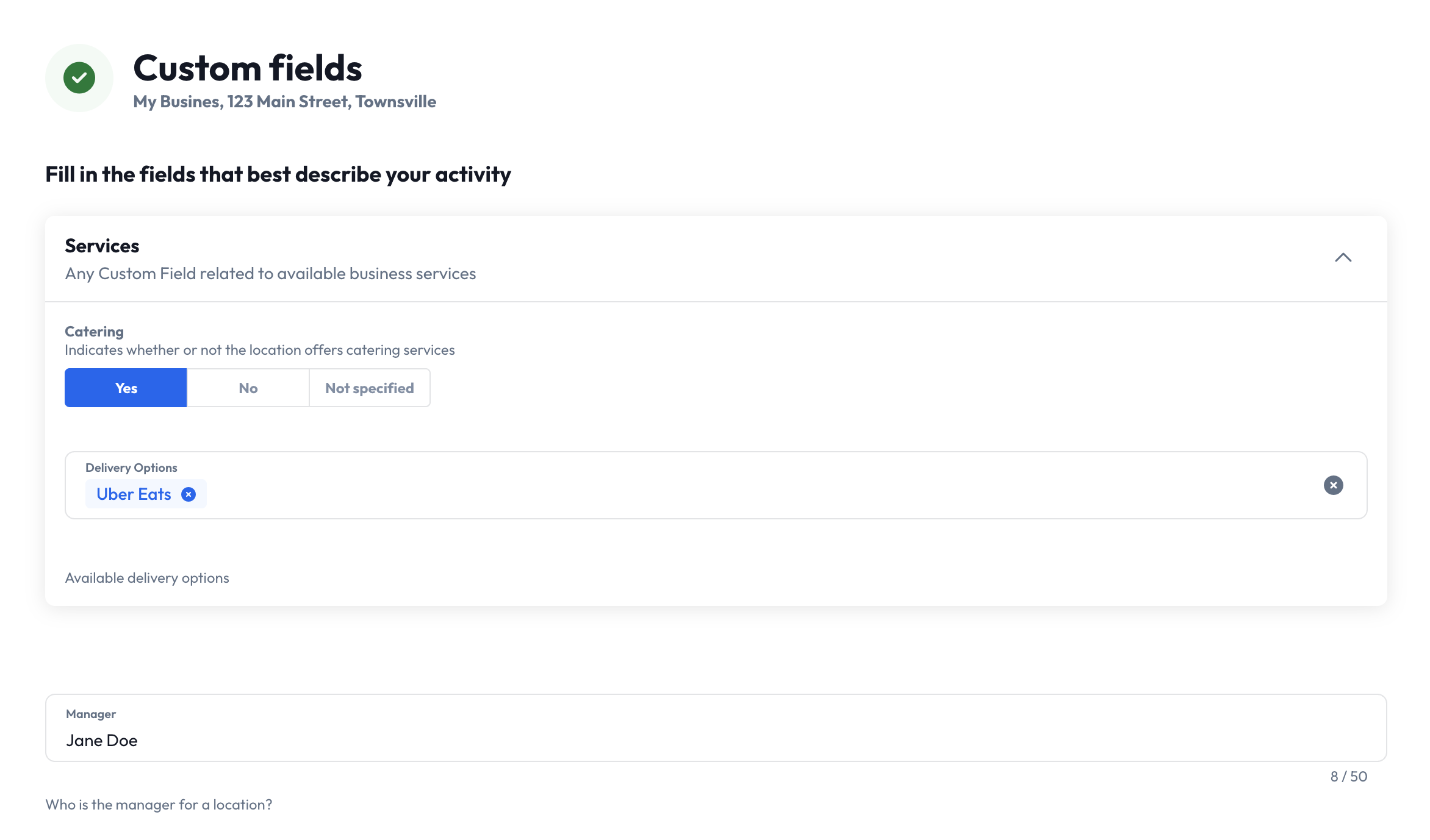 Business Edit page showing the Custom Fields section field values can be set.