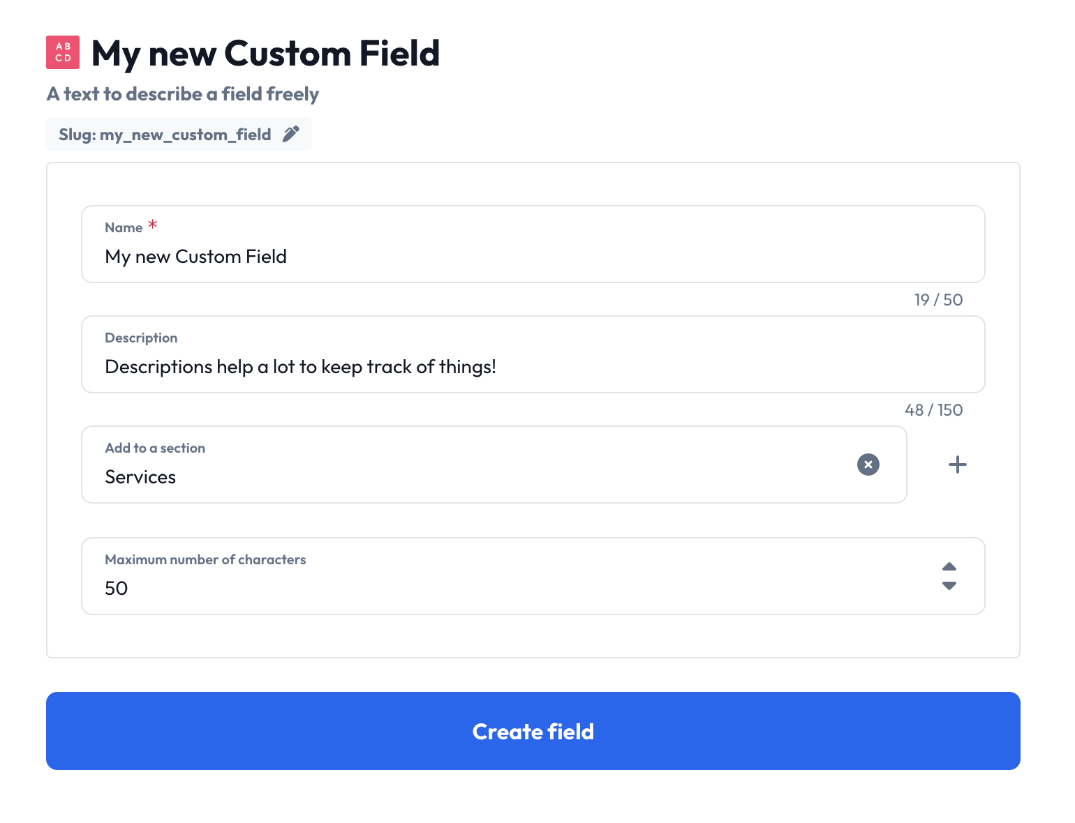 Dialog for creating a new custom field with configuration options