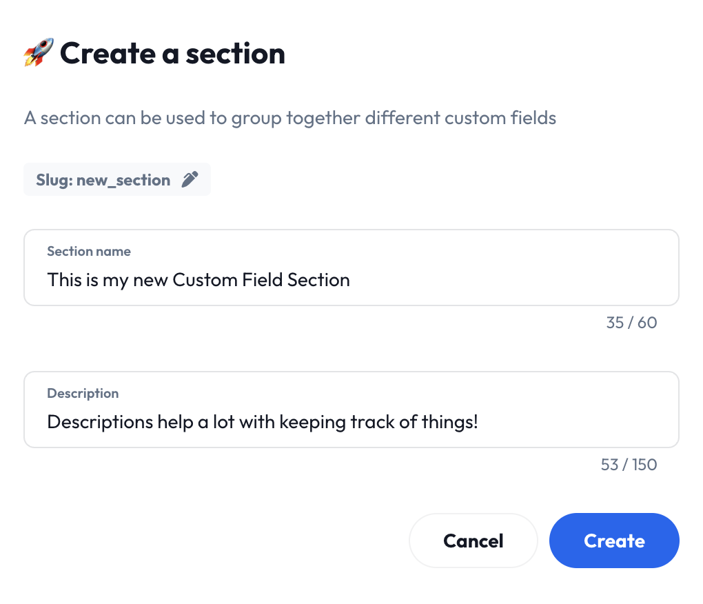 Dialog for creating a new custom field section