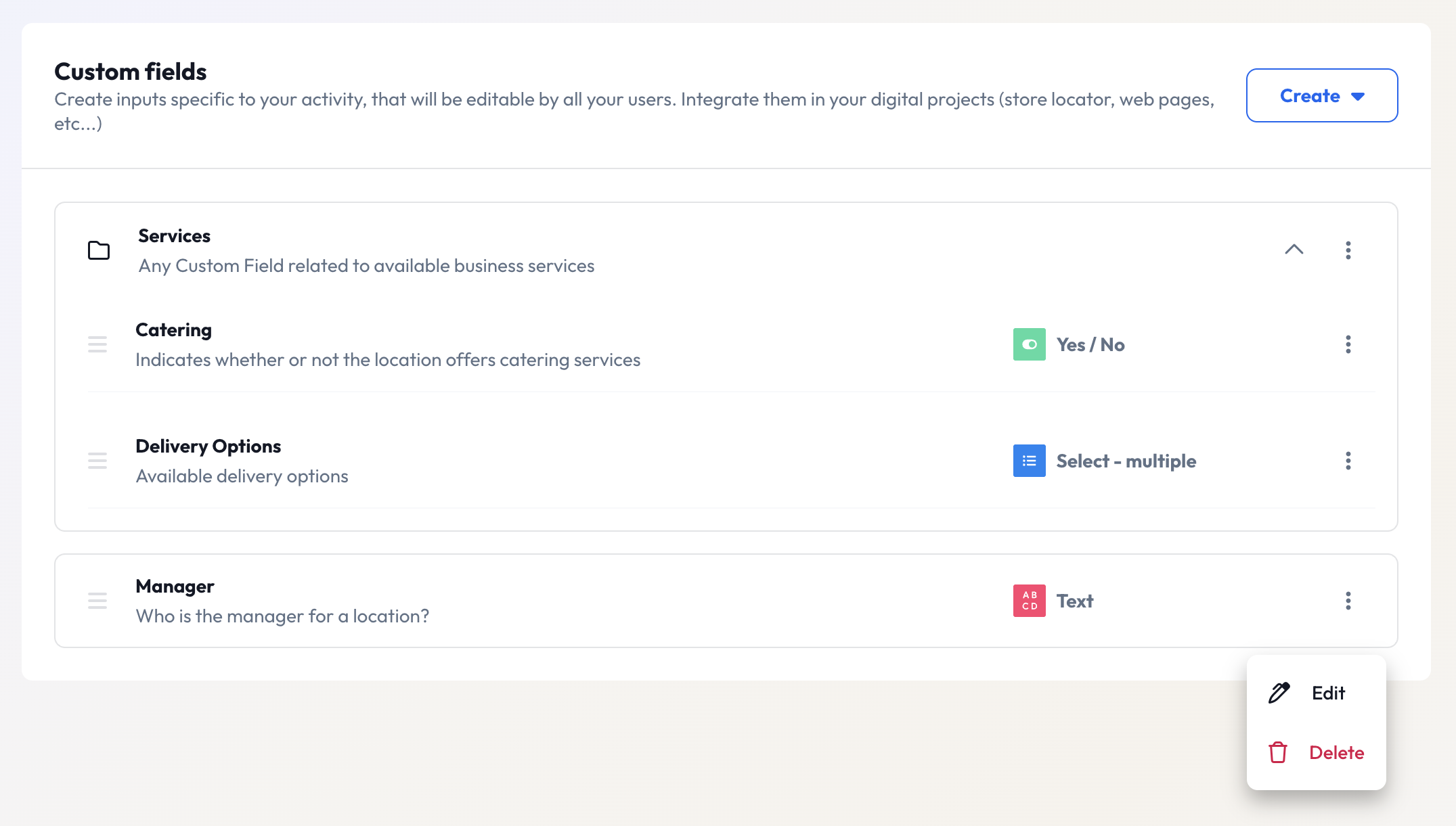 Custom field management options showing edit and delete actions