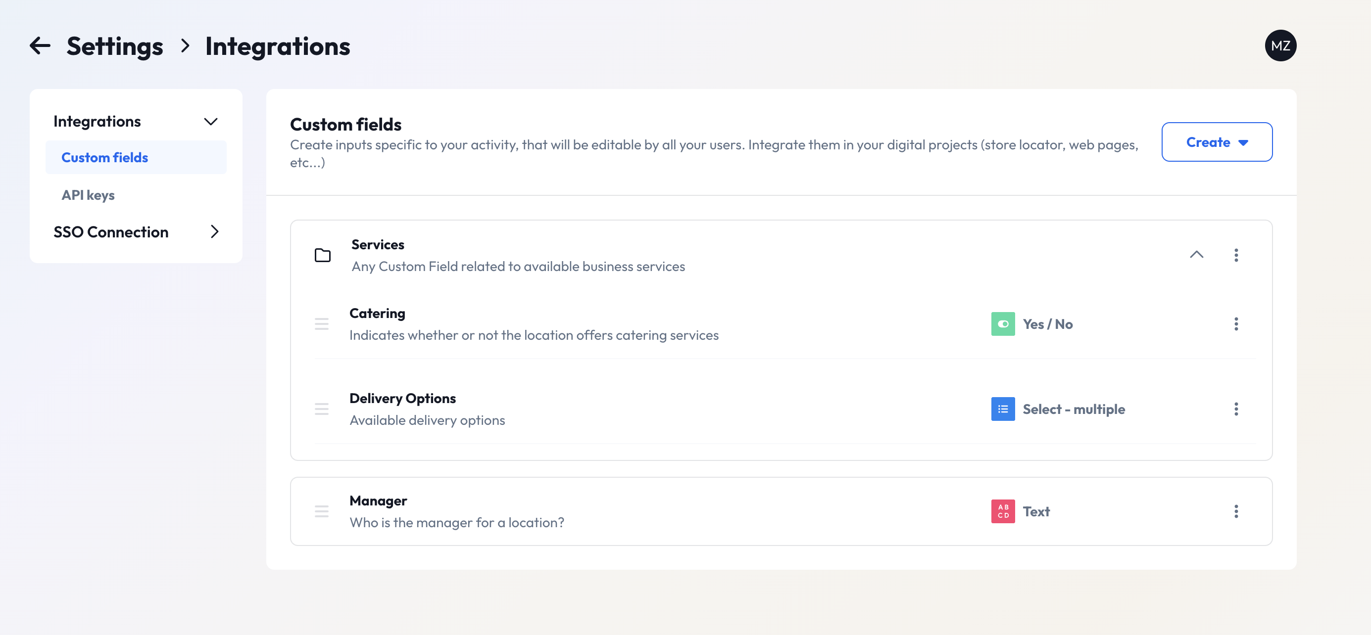 Custom Fields Page showing 3 existing custom fields organized using one section.