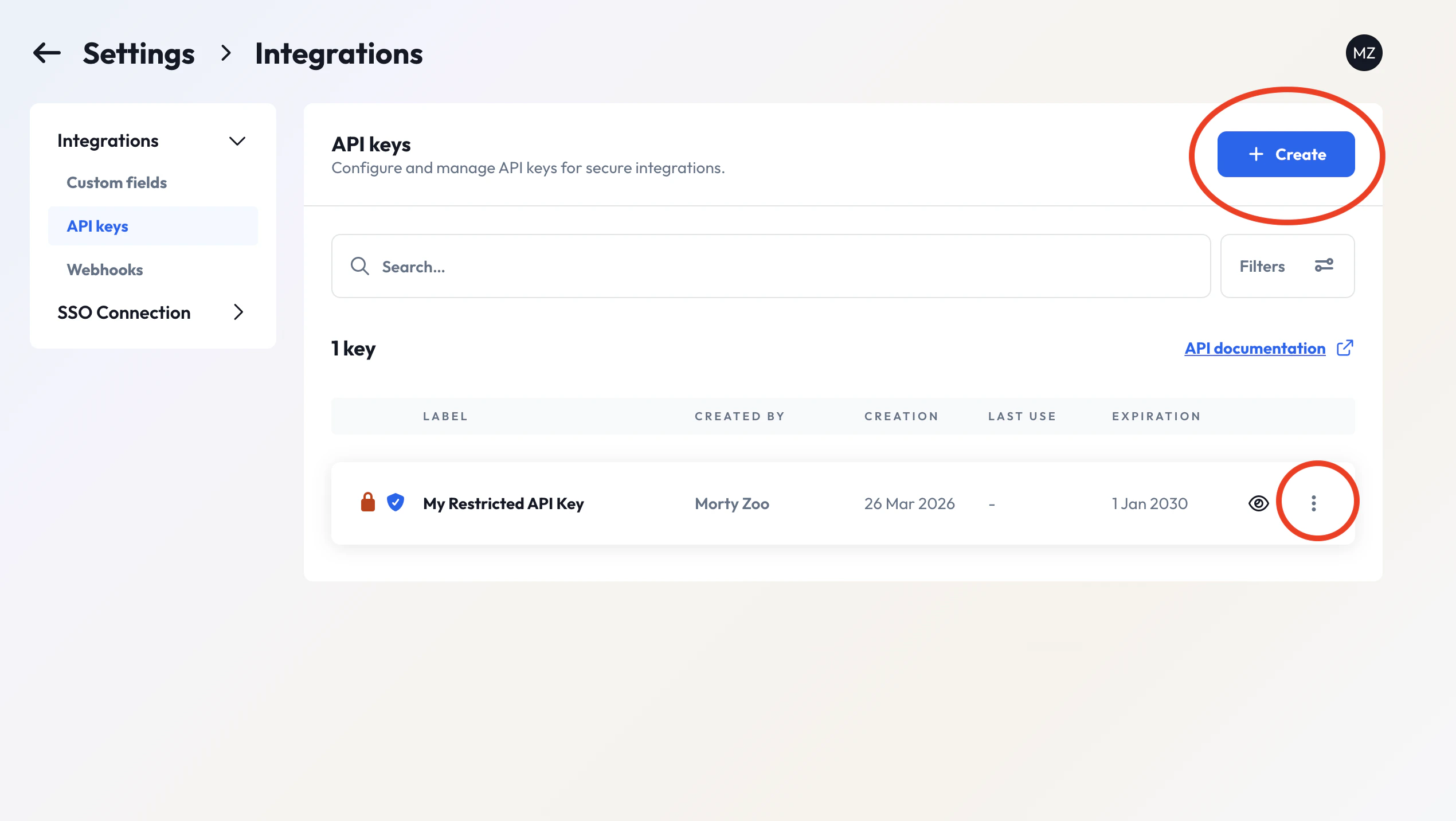 API Keys settings page in the Partoo app