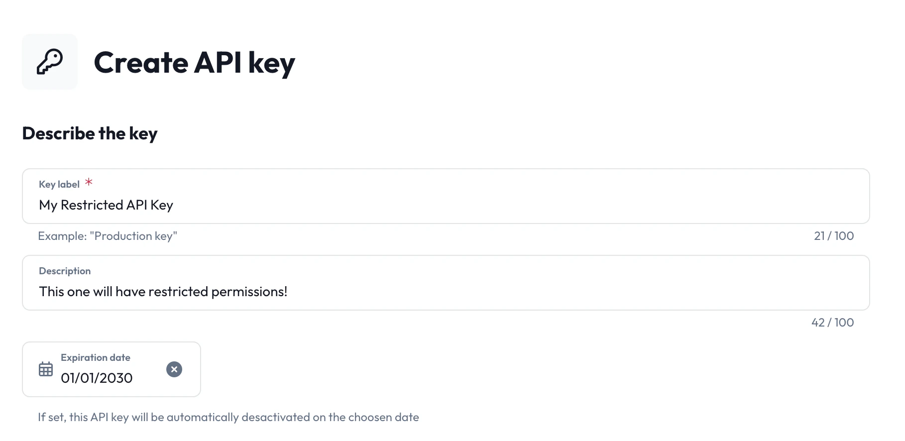 API key creation form showing label, description, and expiry date fields