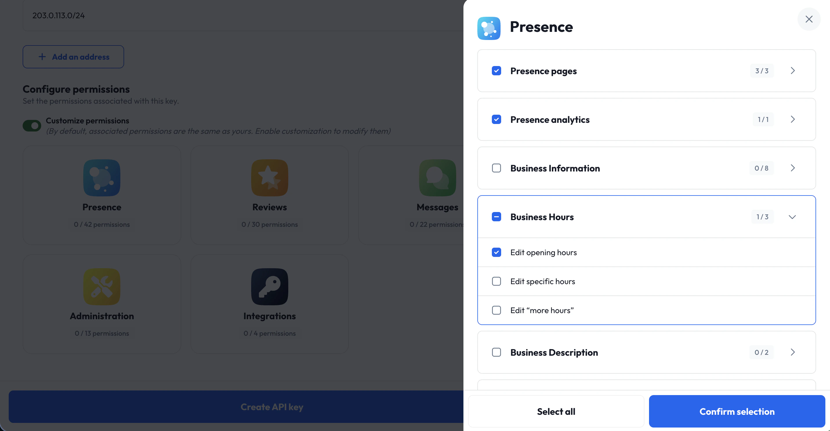 Restricted permissions toggle and permission selector in the API key creation form
