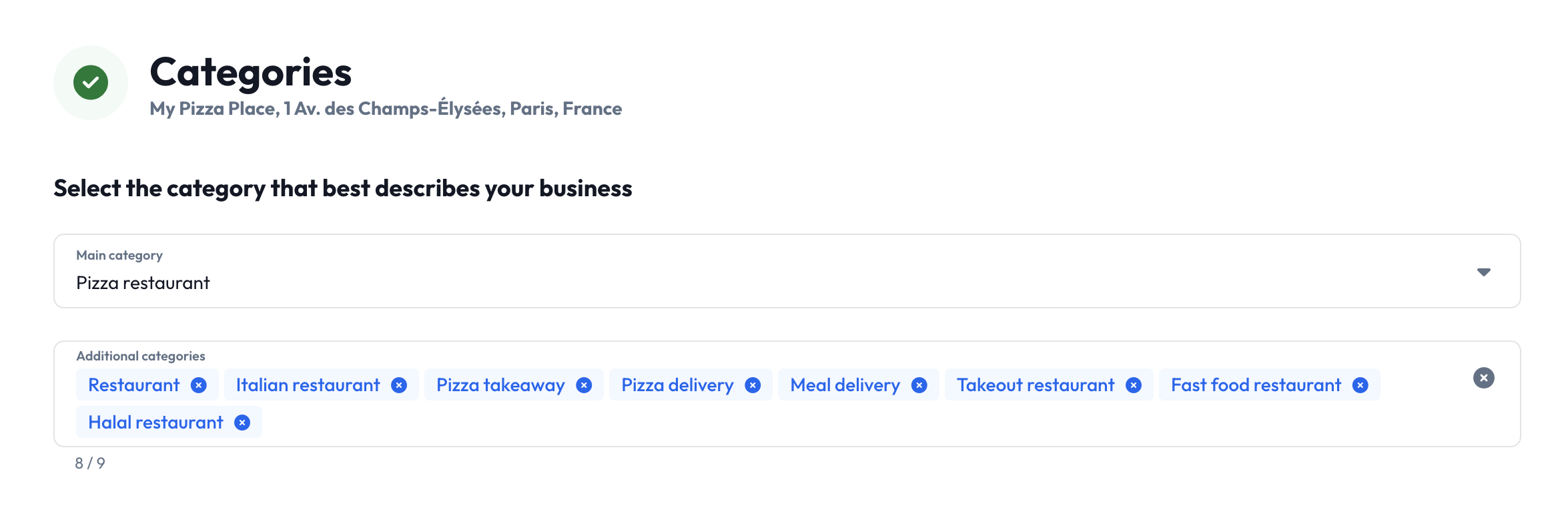 The Categories page showing selected primary and additional categories
