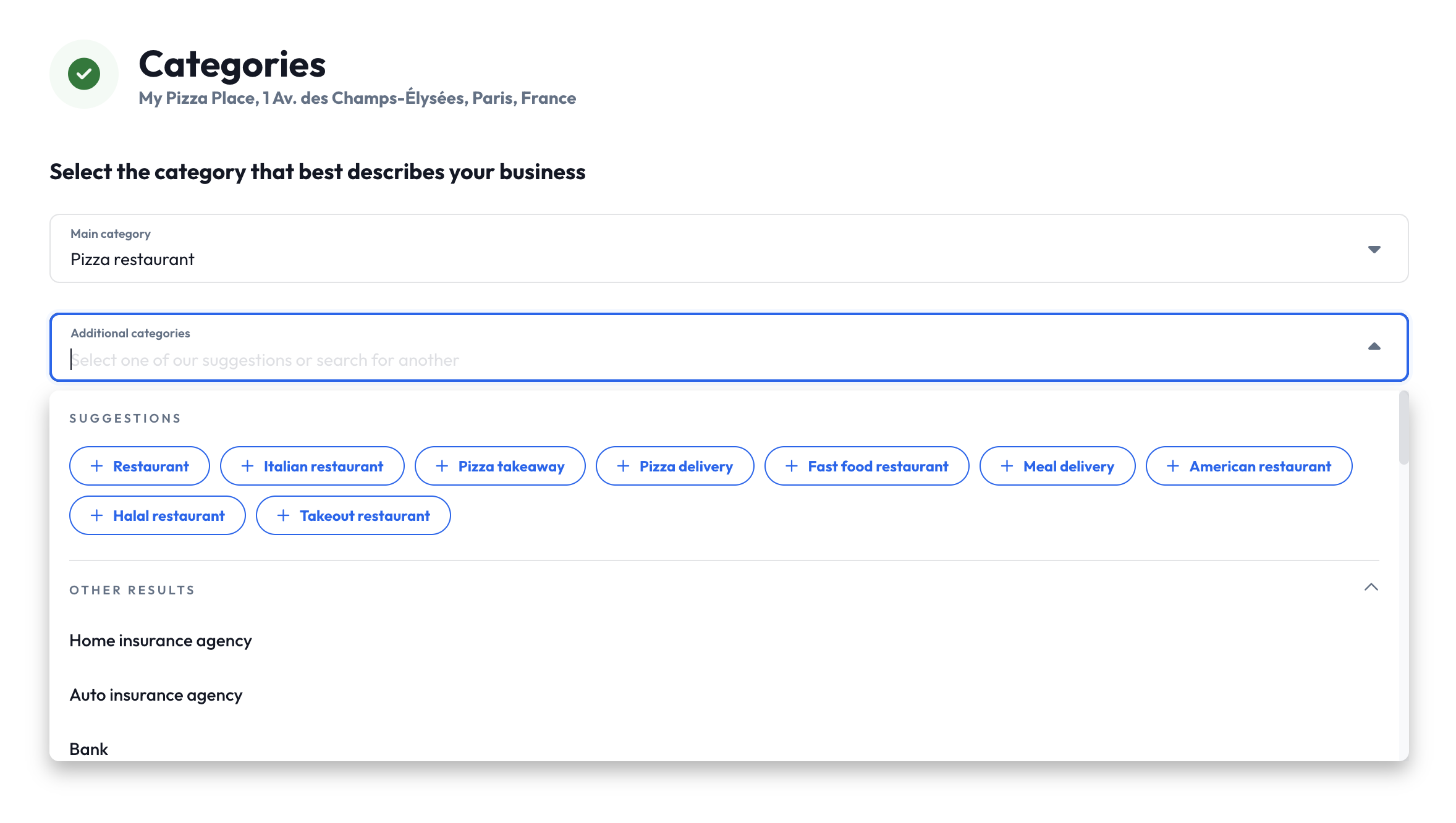 The Categories page with suggested additional categories based on the primary category