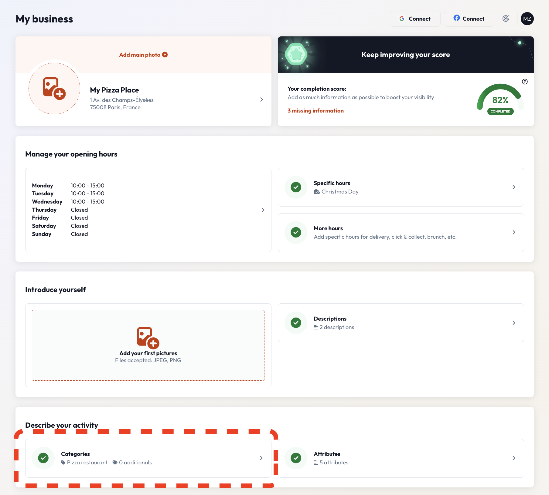 Business dashboard showing category section