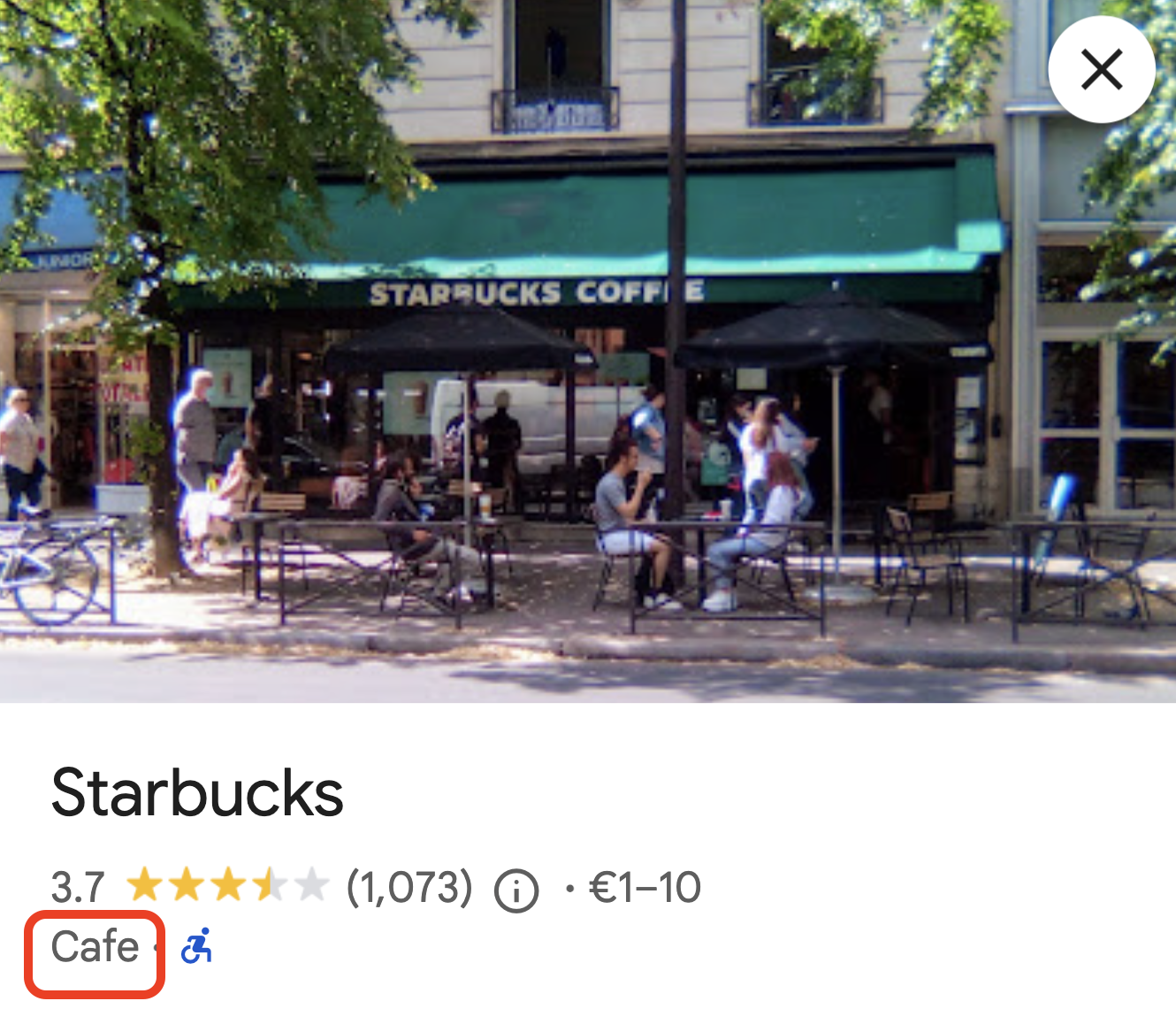 Screenshot showing the display of the main business category on a Google Business Profile listing
