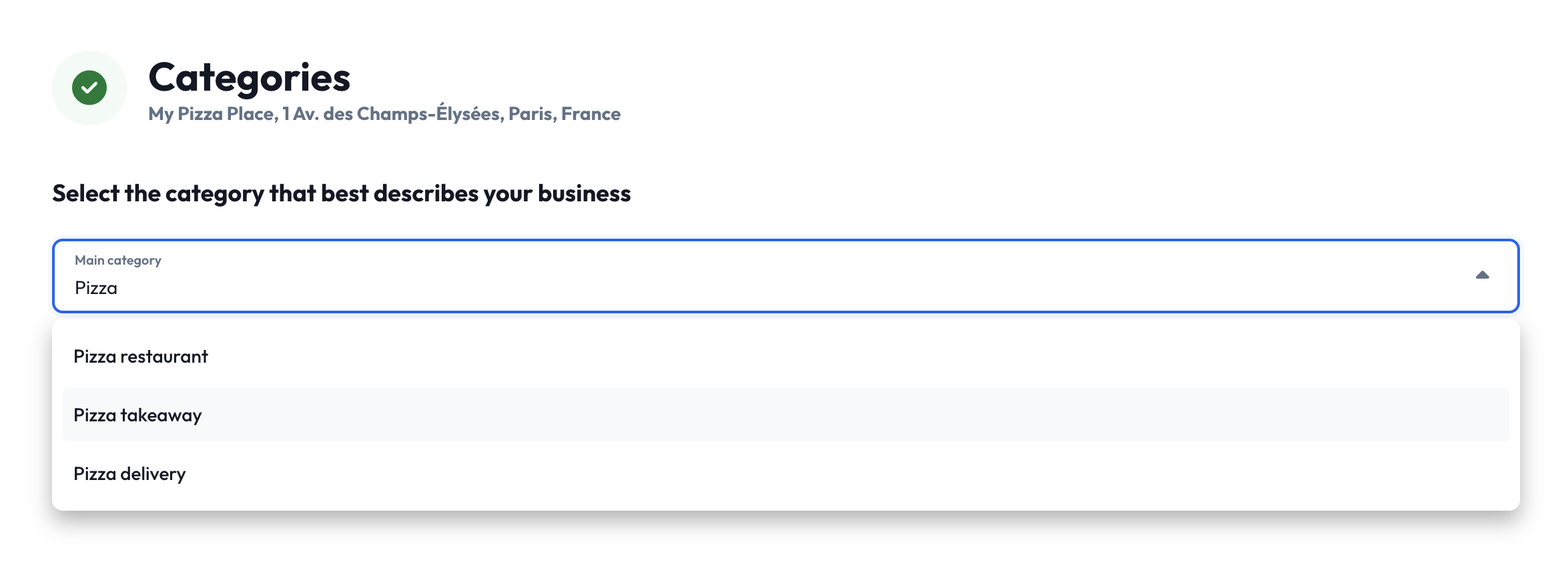 The Categories page showing primary category selection
