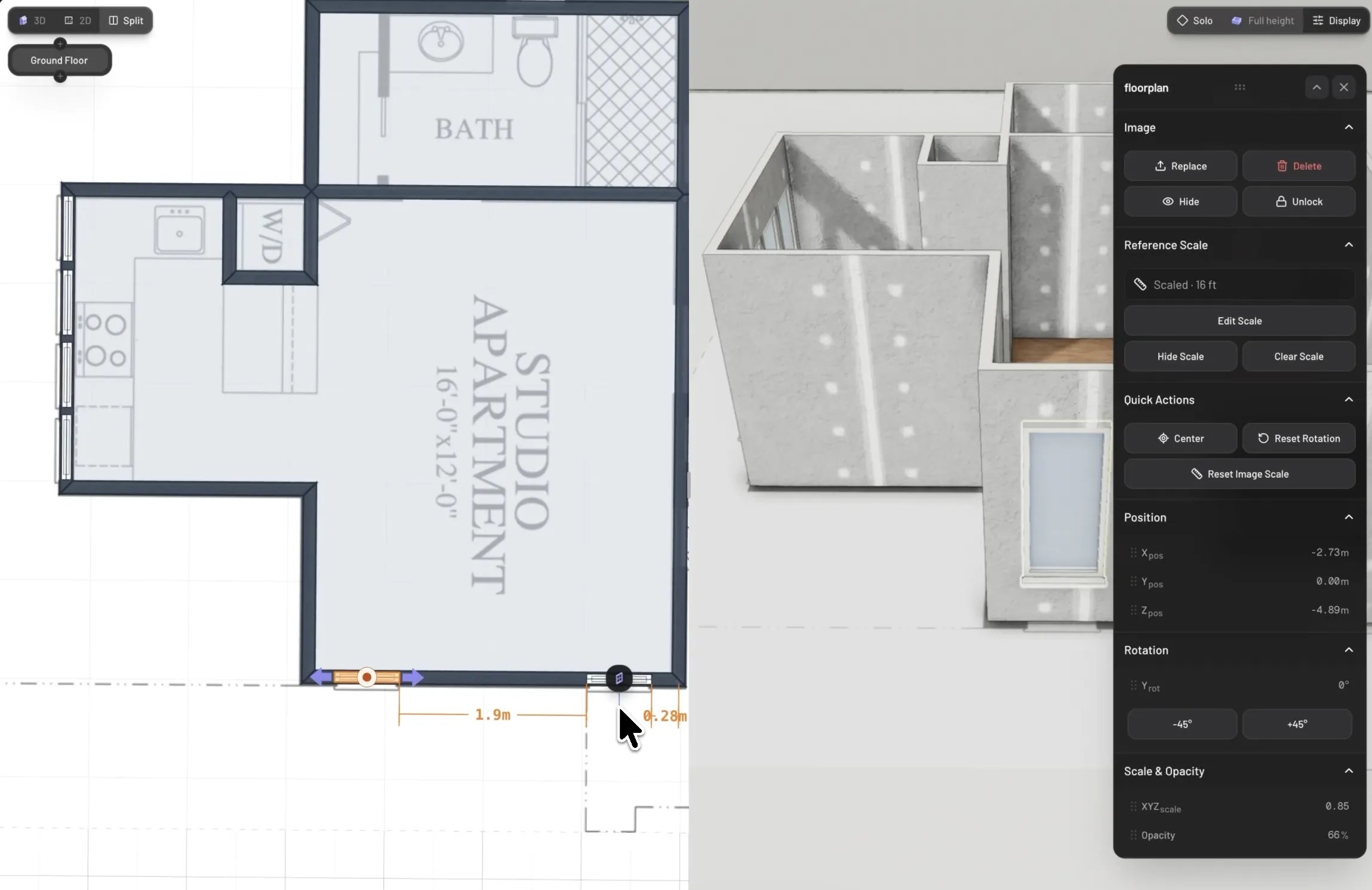 Placing a window over a floor-plan guide image in Pascal's split 2D/3D view