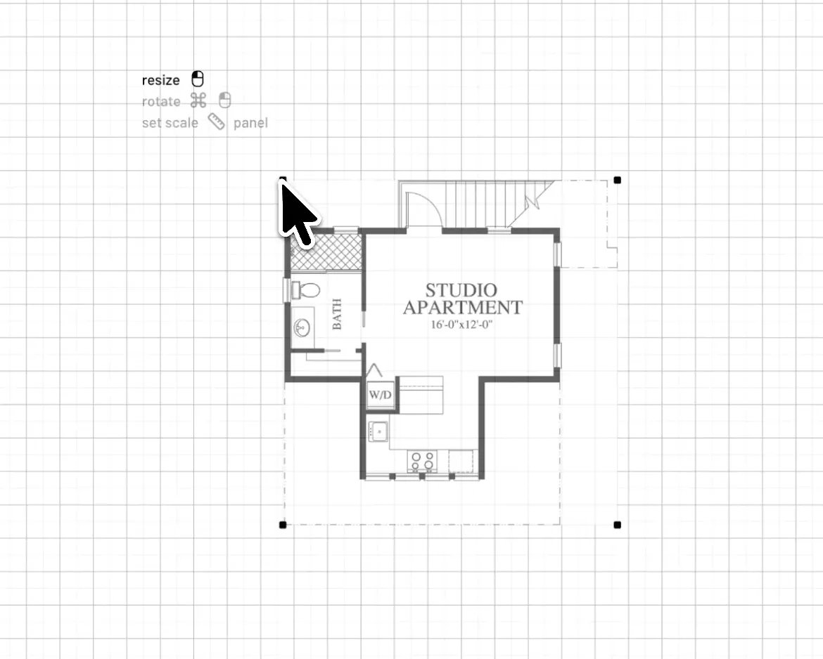A selected floor-plan guide image with corner handles and resize, rotate, and set-scale hints in the 2D view