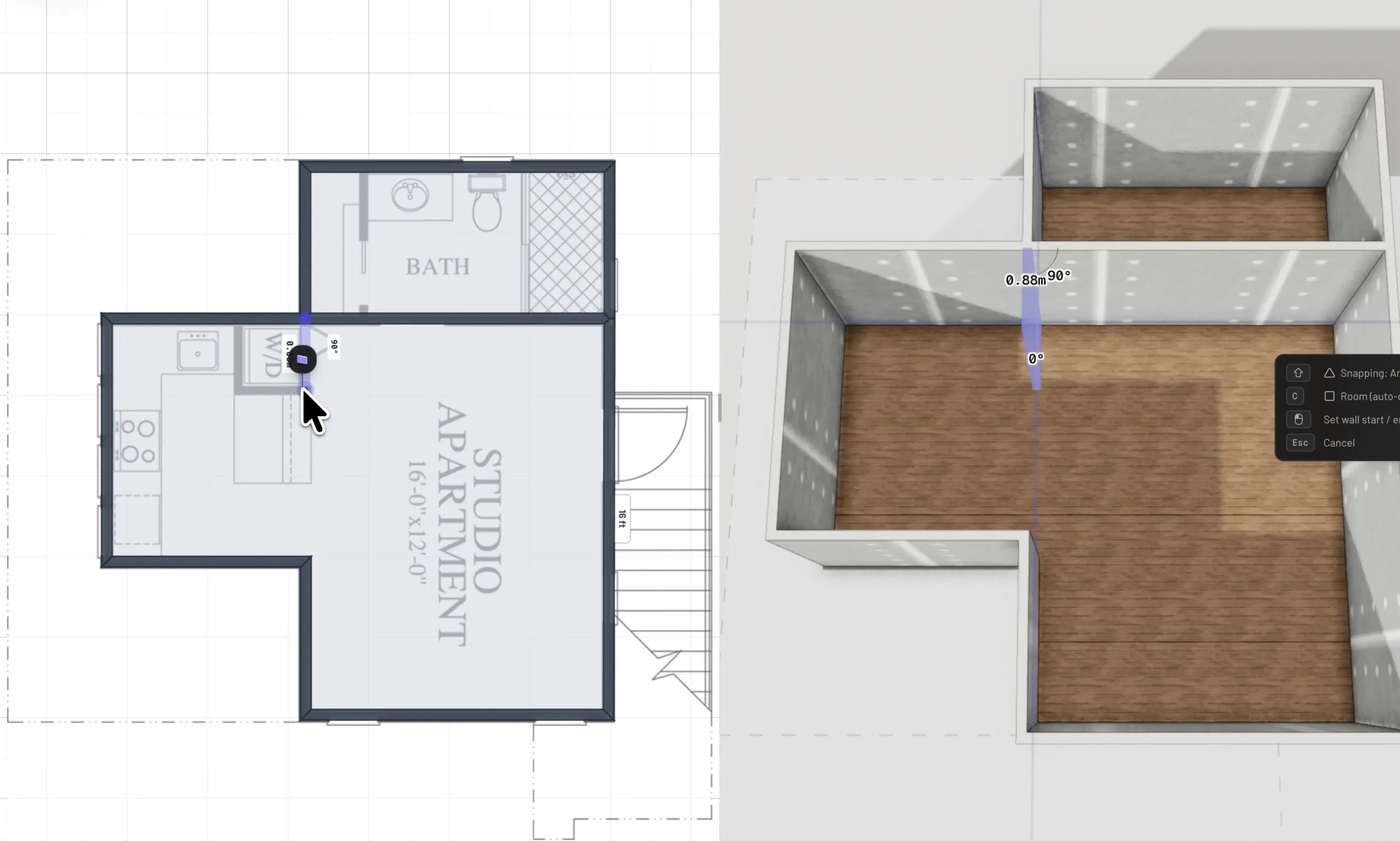 Tracing walls over a floor-plan guide image in Pascal's split 2D/3D view