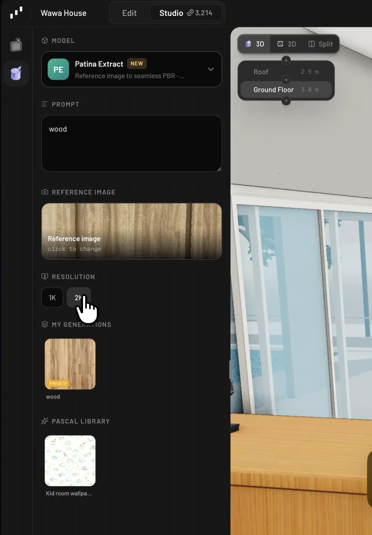 The Materials tab with Patina Extract, a wood reference image, and a generated material