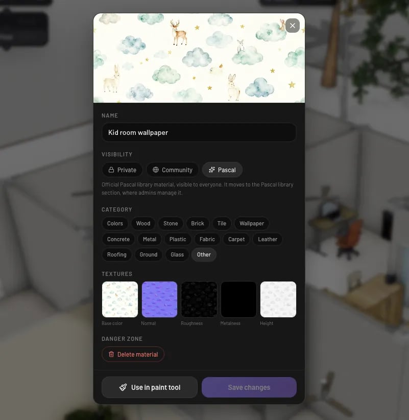 The material editor with base color, normal, roughness, metalness, and height maps