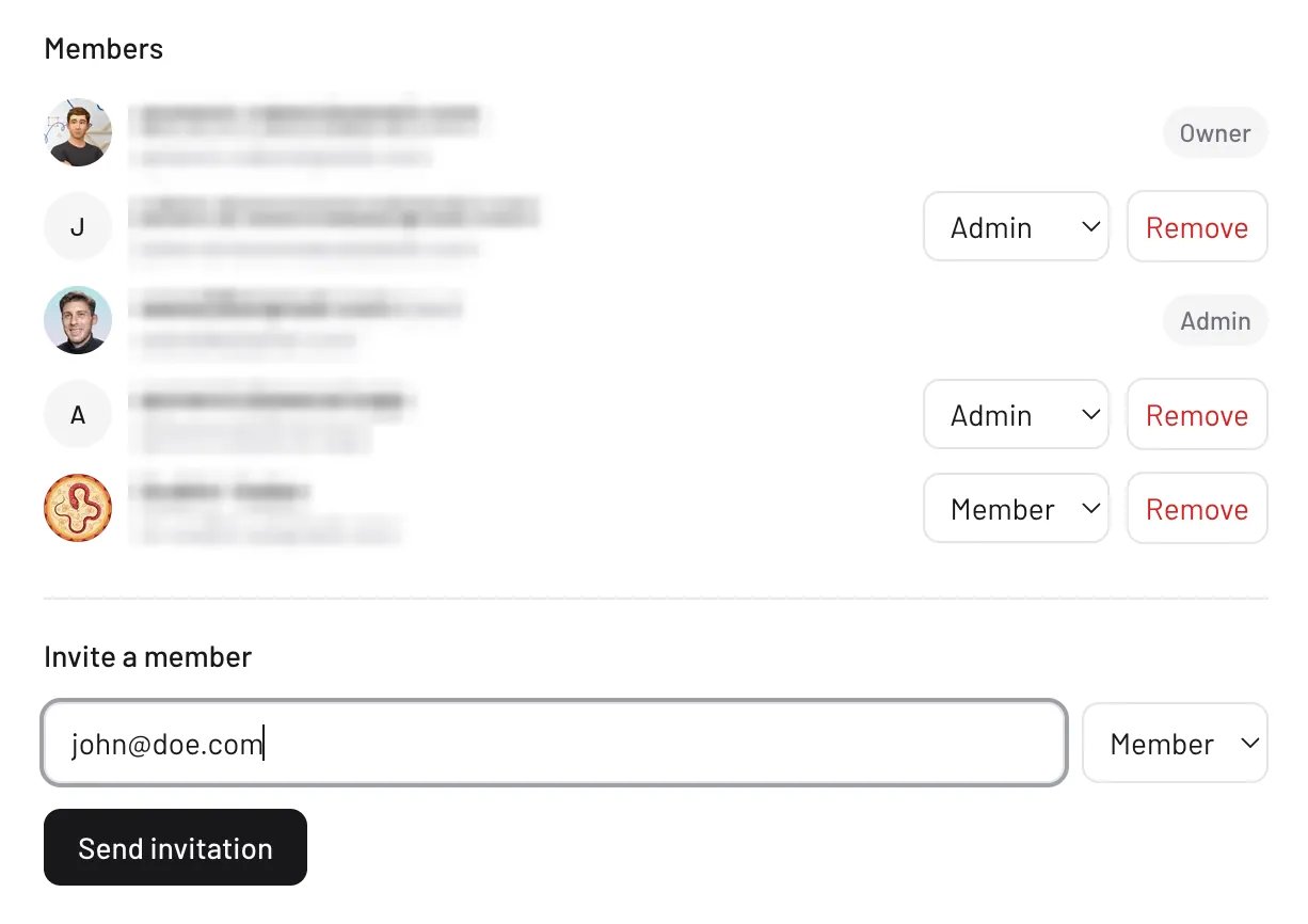 The organization member list with roles and the invite form