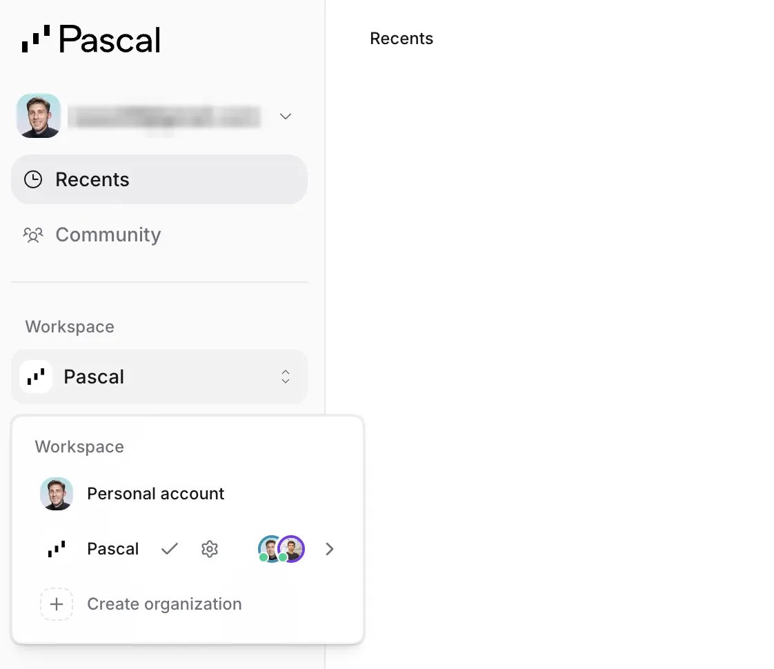 The workspace switcher with a personal account, an organization, and its online members