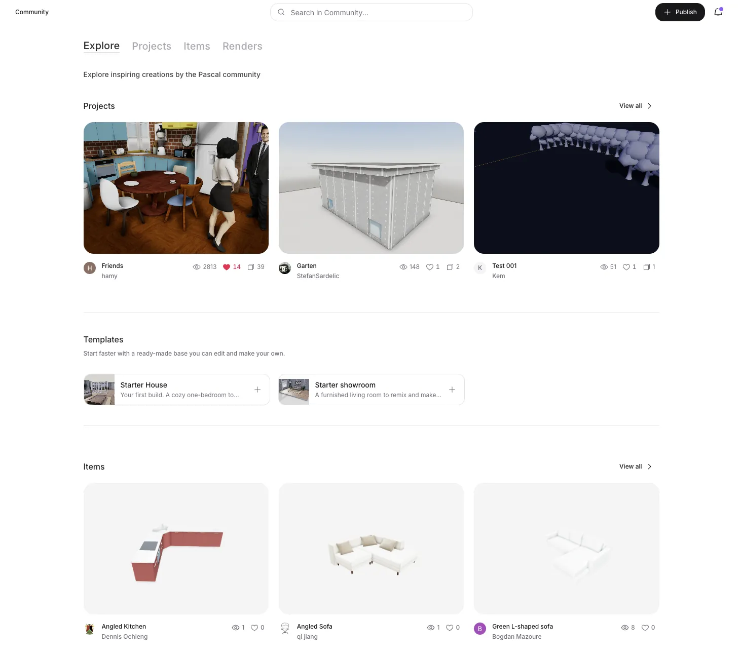 The community hub's Explore tab with projects, templates, and items