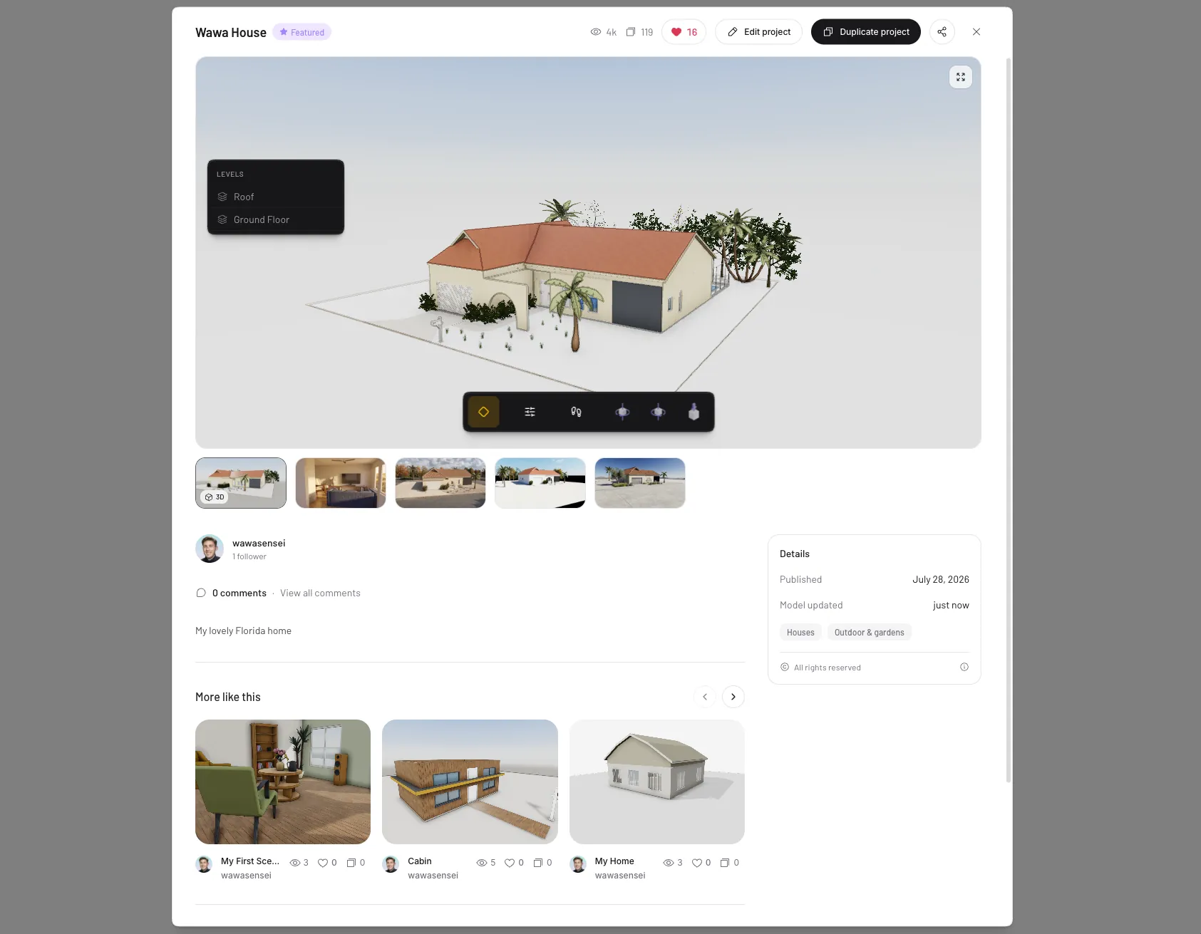 A community project page with an interactive 3D model and render gallery