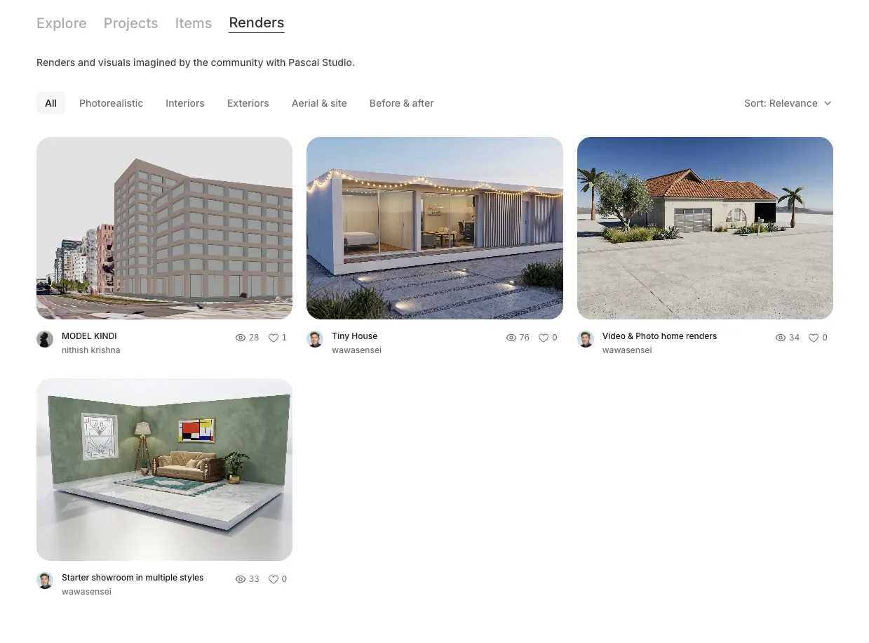 The Renders tab of the community hub with style filter chips
