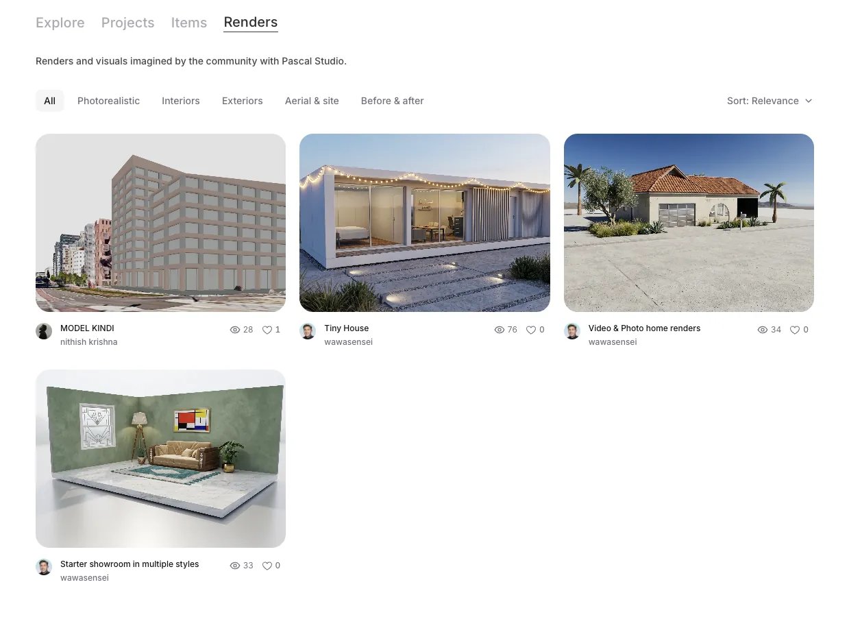 The Renders tab of the community hub with style filter chips